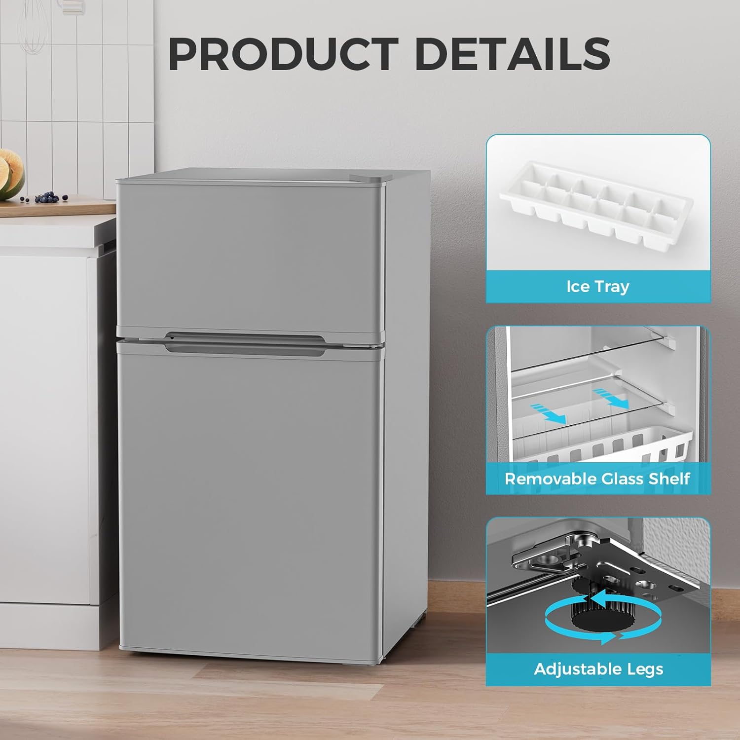 COWSAR 3.2 Cu.Ft Mini Fridge with Freezer, Double Door Compact Mini Fridge for Bedroom, Adjustable Thermostat, Energy-efficient Low Noise Small Refrigerator For Dorm, Office, Bar, RV, Bedroom Grey 3.2 Cu.ft image 6 of 7 B0F9KPMCVY