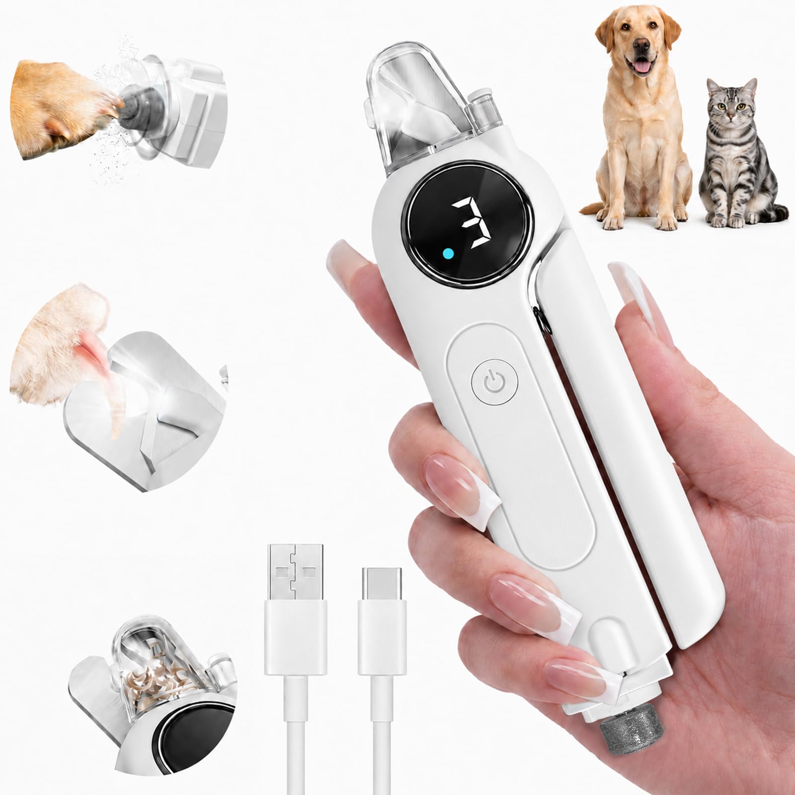 Cortauñas y amoladora 2 en 1 para perros con luces LED duales, cortaúñas eléctrico profesional para mascotas con 3 velocidades y cubierta antipolvo, herramienta de aseo silenciosa para perros y