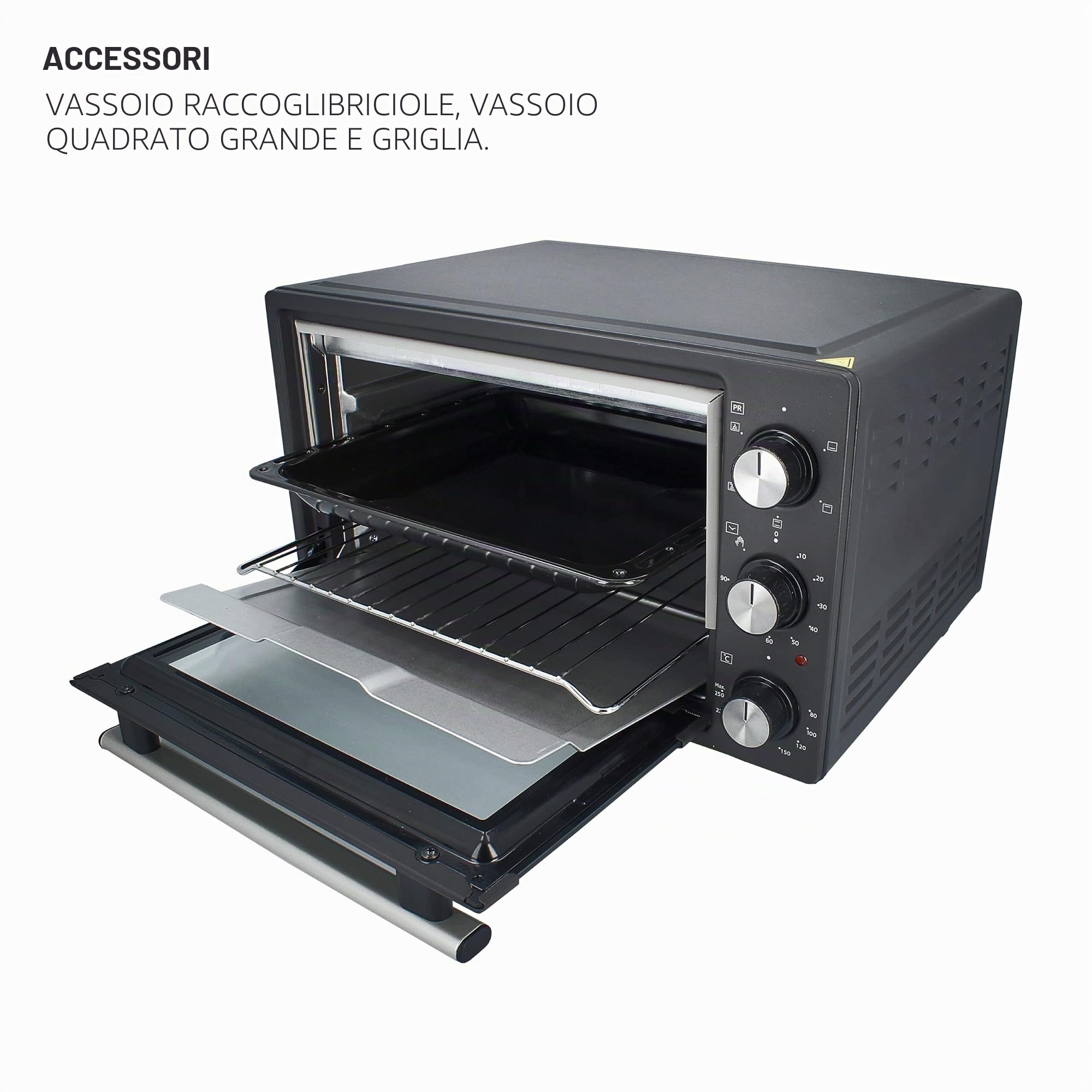 TM Electron TMPHO020 - Forno a convezione da tavolo, 5 funzioni, capacità 20 litri, timer 90 minuti, temperatura regolabile da 80° a 250°, 1500W