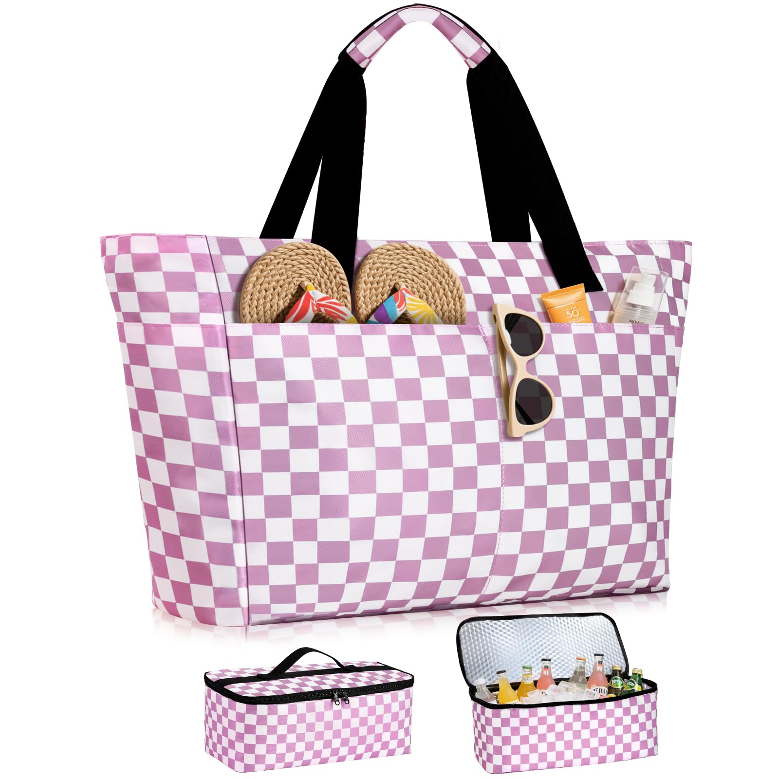 ISEYOU Beach Bag and Cooler Bag Set, Extra Large 45L Waterproof Beach Bags for Women with Zip, Foldable Family Beach Tote Bag with 8 Pockets, Ideal for Pool, Picnic, Shopping, Travel
