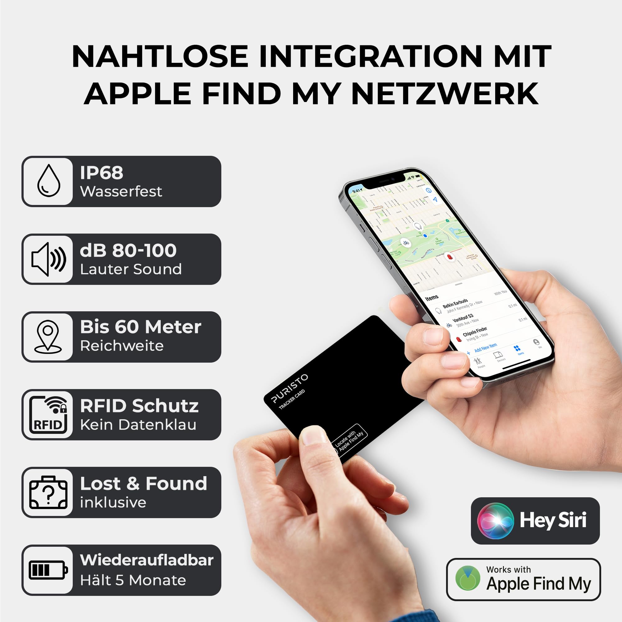 Wallet Tracker Karte Wireless - Apple AirTag Pendant im Kartenformat | 3-in-1 mit RFID Blocker und Lost & Found Service | Wiederaufladbar, dünn | Apple Wo ist? | AirTag Tracker Karte