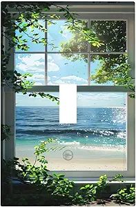 Decorative Switch Covers Plate Window Beach Seascape View Green Leaves 1 Gang Wall Plate Oversized Single Toggle Wall Cover Plate Jumbo Electrical Light Switch Plate Faceplate
