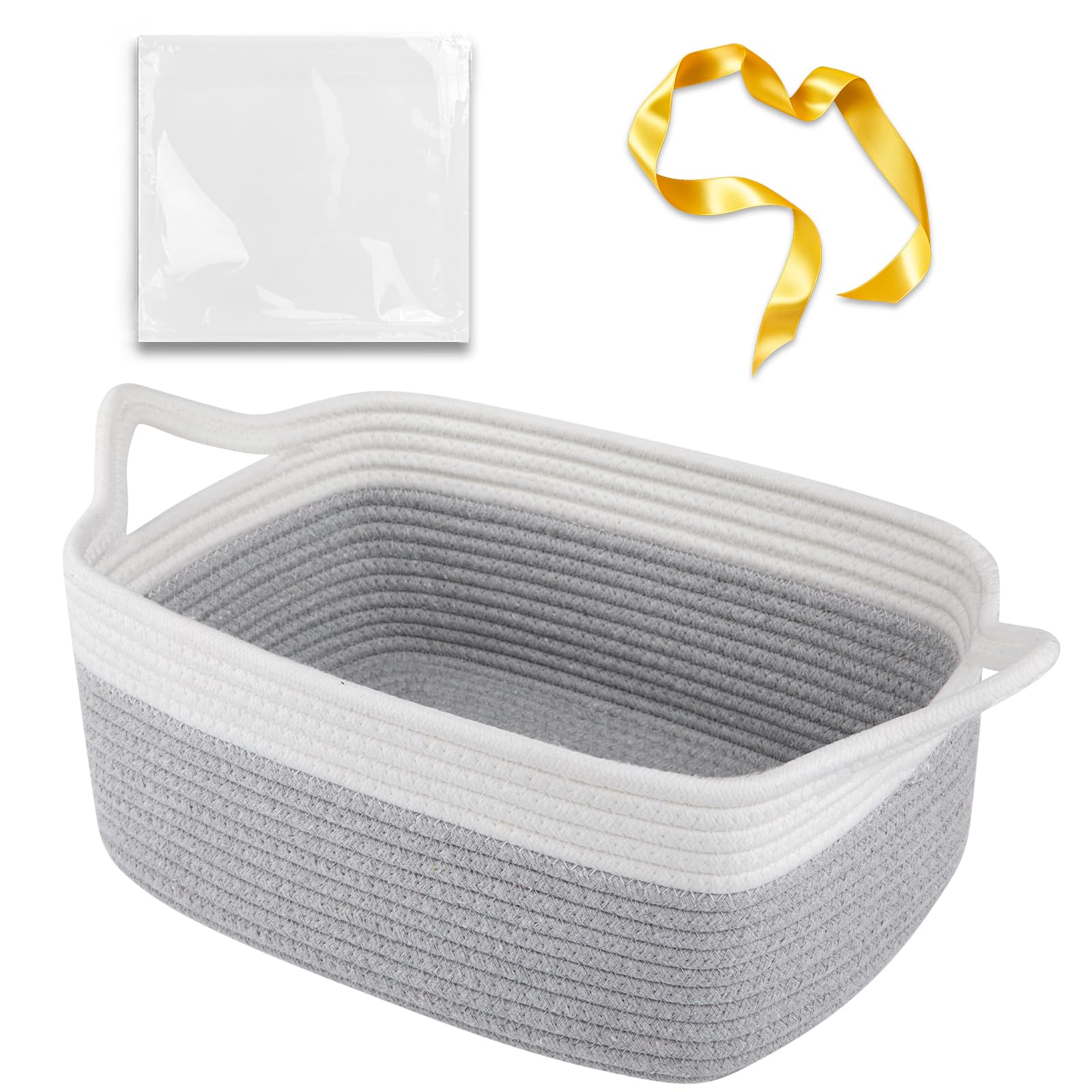 OIAHOMY Small Basket with Handles, Cotton Rope Dog Cat Toy Bin, Woven Storage Baskets for Living Room Nursery, Gift Basket Empty for Halloween, Christmas, 13.5