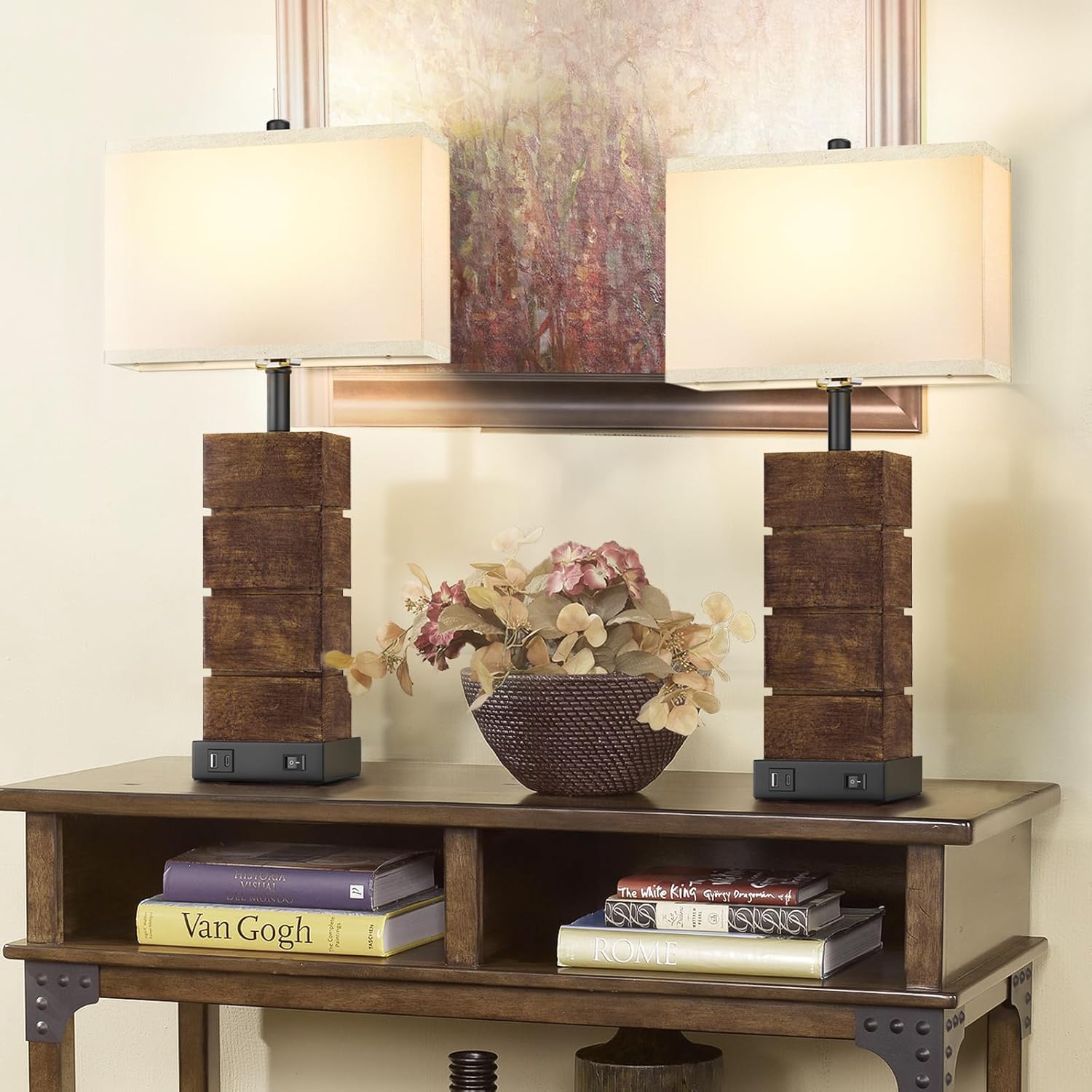 Set of 2 Farmhouse Table Lamps for Living Room, 25.3" Vintage Brown Wood Grain Bedside Lamps with USB C+A Charging Ports, 3 Color Temperatures, Resin Nightstand Lamps with Rectangular Shade