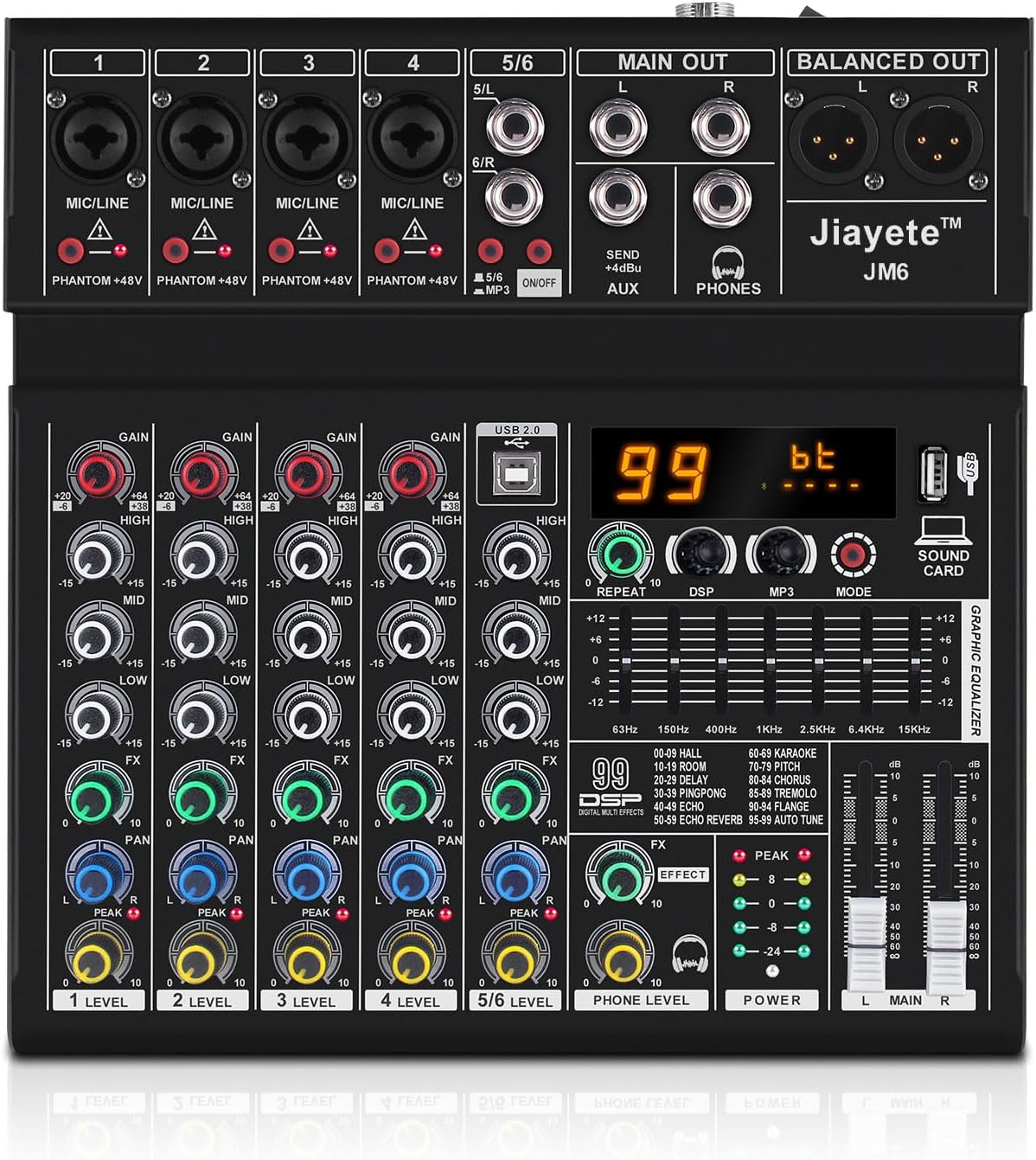 6 Channel DJ Mixer, Professional Audio Mixer, Metal, DSP 99 Preset Effects, Bluetooth Sound Board, 48V Phantom Power, Black USB Xlr Music Streaming Mini Mixing Console, Pa Mixer for PC, Podcast