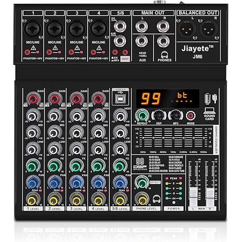 6 Channel DJ Mixer, Professional Audio Mixer, Metal, DSP 99 Preset Effects, Bluetooth Sound Board, 48V Phantom Power, Black USB Xlr Music Streaming Mini Mixing Console, Pa Mixer for PC, Podcast
