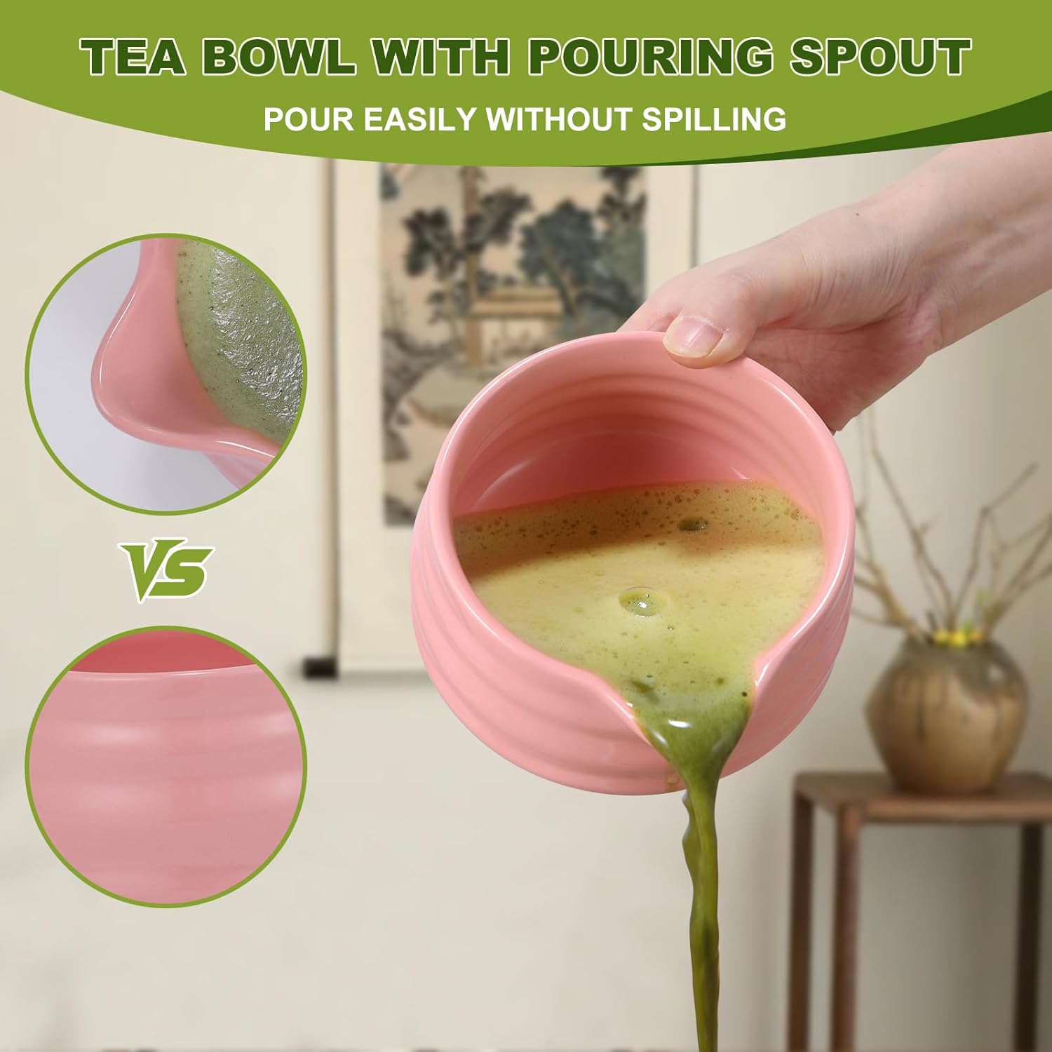 Matcha Tool Set, 10 Piece Traditional Japanese Tea Ceremony Kit with Bamboo Whisk, Ceramic Bowls, Cups, Strainer, Spoons, Holder and Cloth (pink)