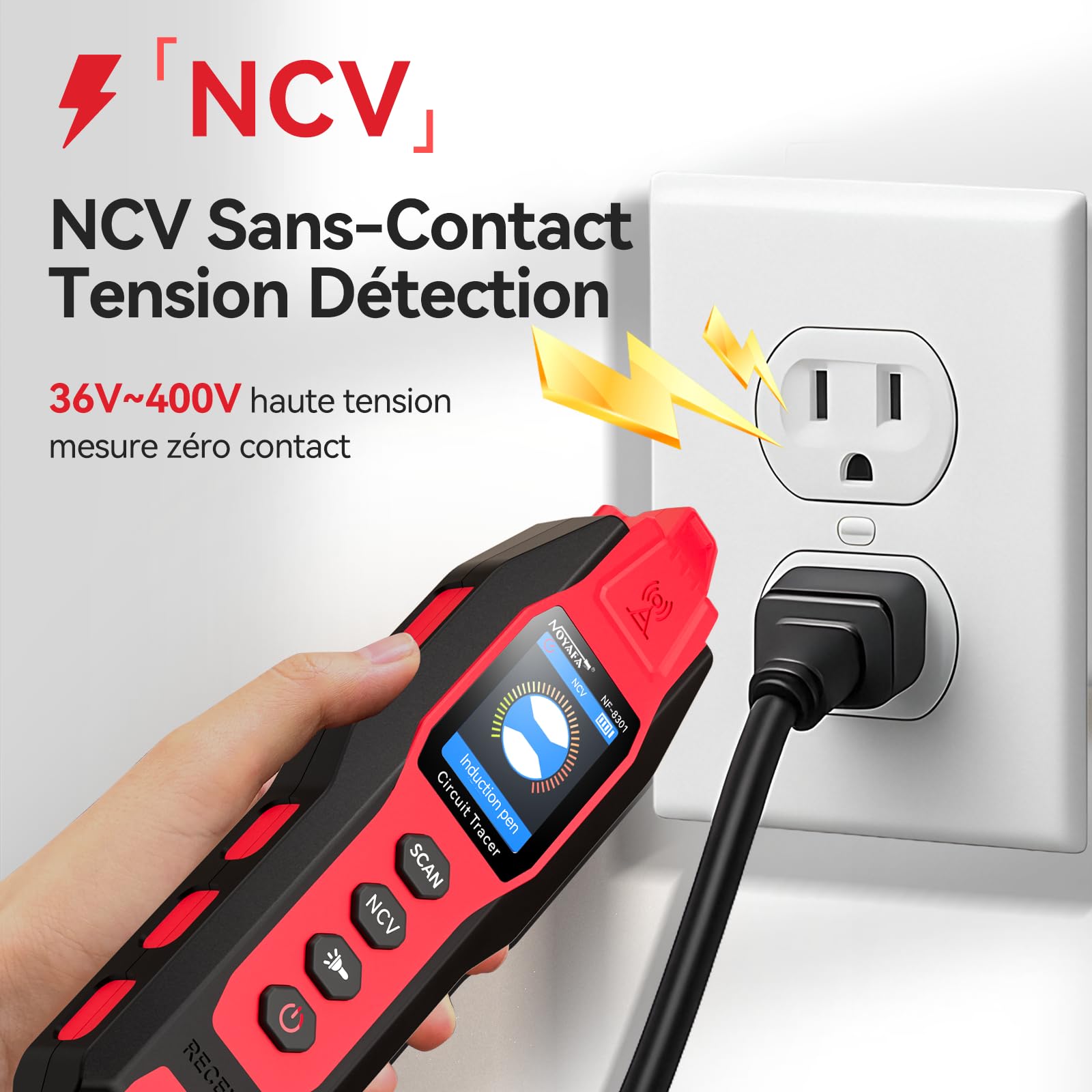 NOYAFA NF-8301 Détecteur de Circuit - Traceur de Câbles, Localisateur de Disjoncteur avec Multimètre Numérique, Sensibilité 8 Niveaux, Rechargeable, pour Fils Muraux et Souterrains