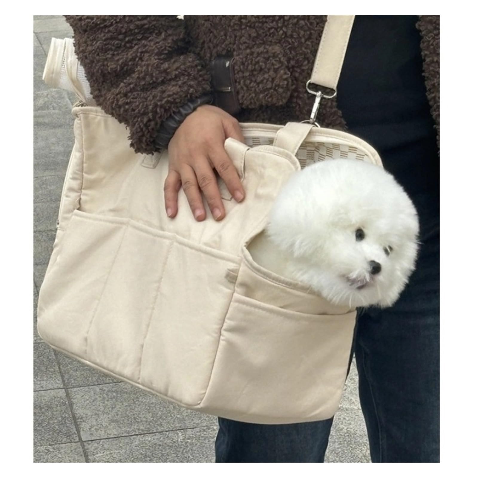 Bolsa portátil de lona para perros, bolsa de hombro para mascotas, gato, asiento de coche, cama, cinturón de seguridad, suministros para perros chihuahua (S8601 beige)