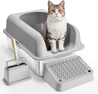 VEVOR Katzentoilette, 6 Zoll tief, XL extragroße Katzentoilette aus Edelstahl mit Schaufel, breitem Filter-Fußteil und hohen Seiten, geschlossene, geruchsfreie, leicht zu reinigende