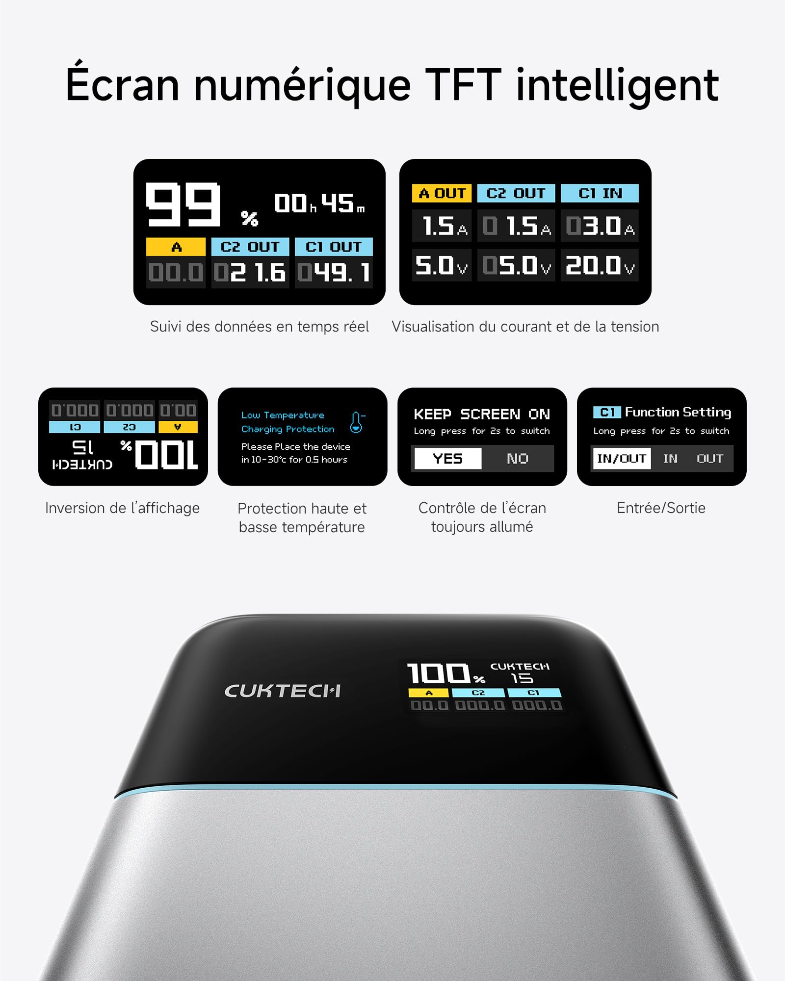 CUKTECH 15 Air 100W 15000mAh Batterie Externe avec Écran TFT, Certifiée CCC