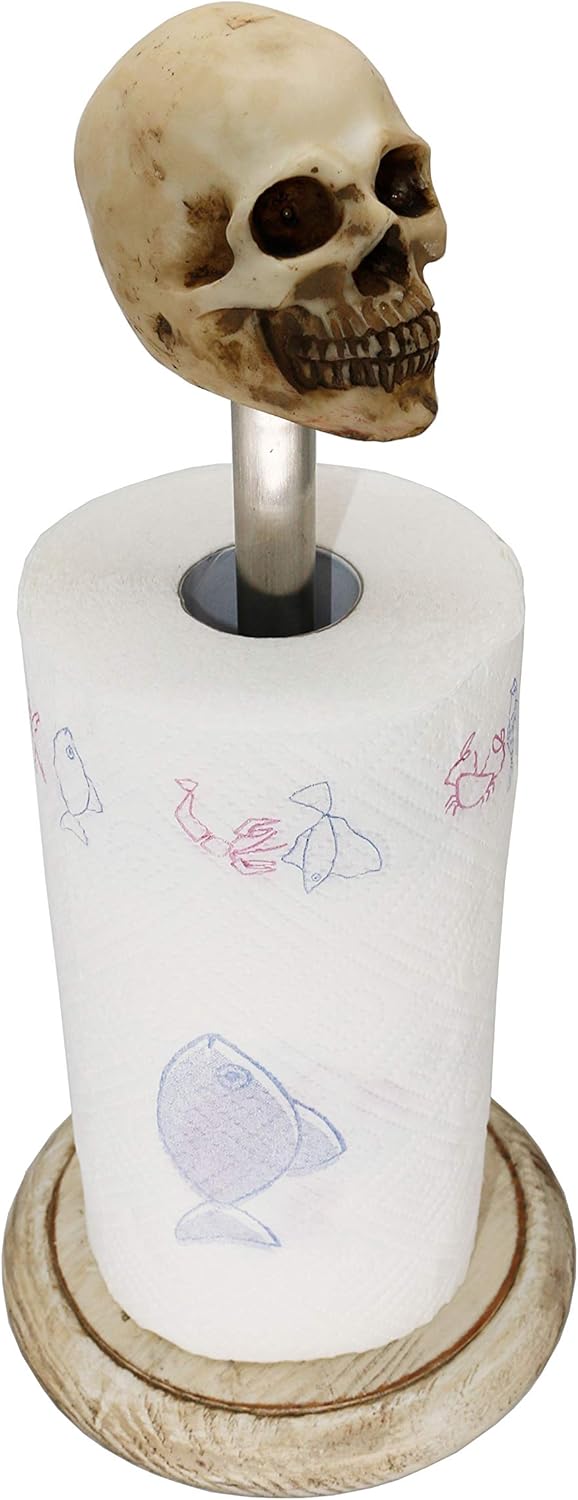 Rustic White Wood Skull Stand Up Paper Towel Holder, Easy One-Handed Tear Kitchen Paper Towel Dispenser with Weighted Base for Standard Paper Towel Rolls,Rustic White