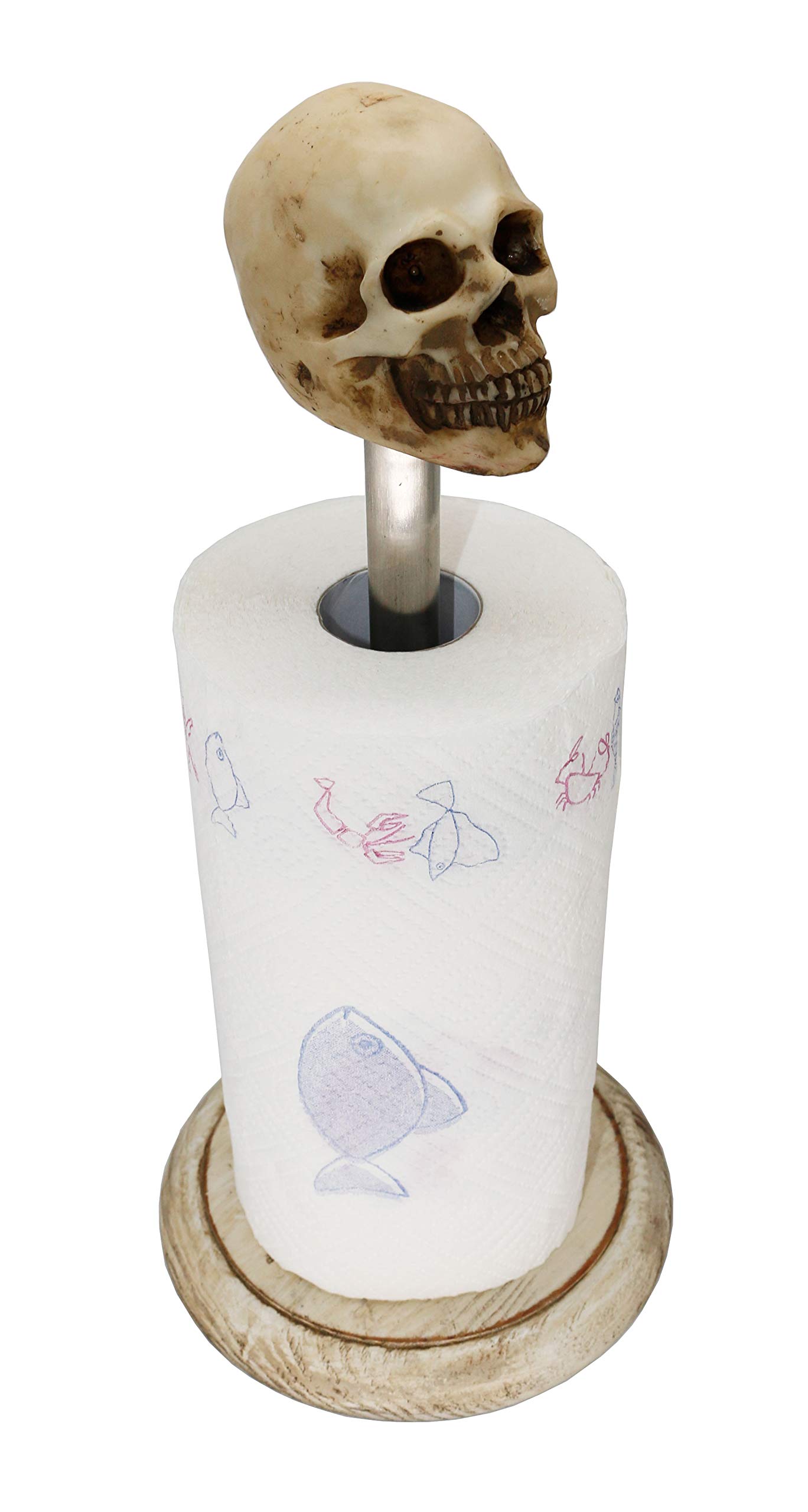 Rustic White Wood Skull Stand Up Paper Towel Holder, Easy One-Handed Tear Kitchen Paper Towel Dispenser with Weighted Base for Standard Paper Towel Rolls,Rustic White