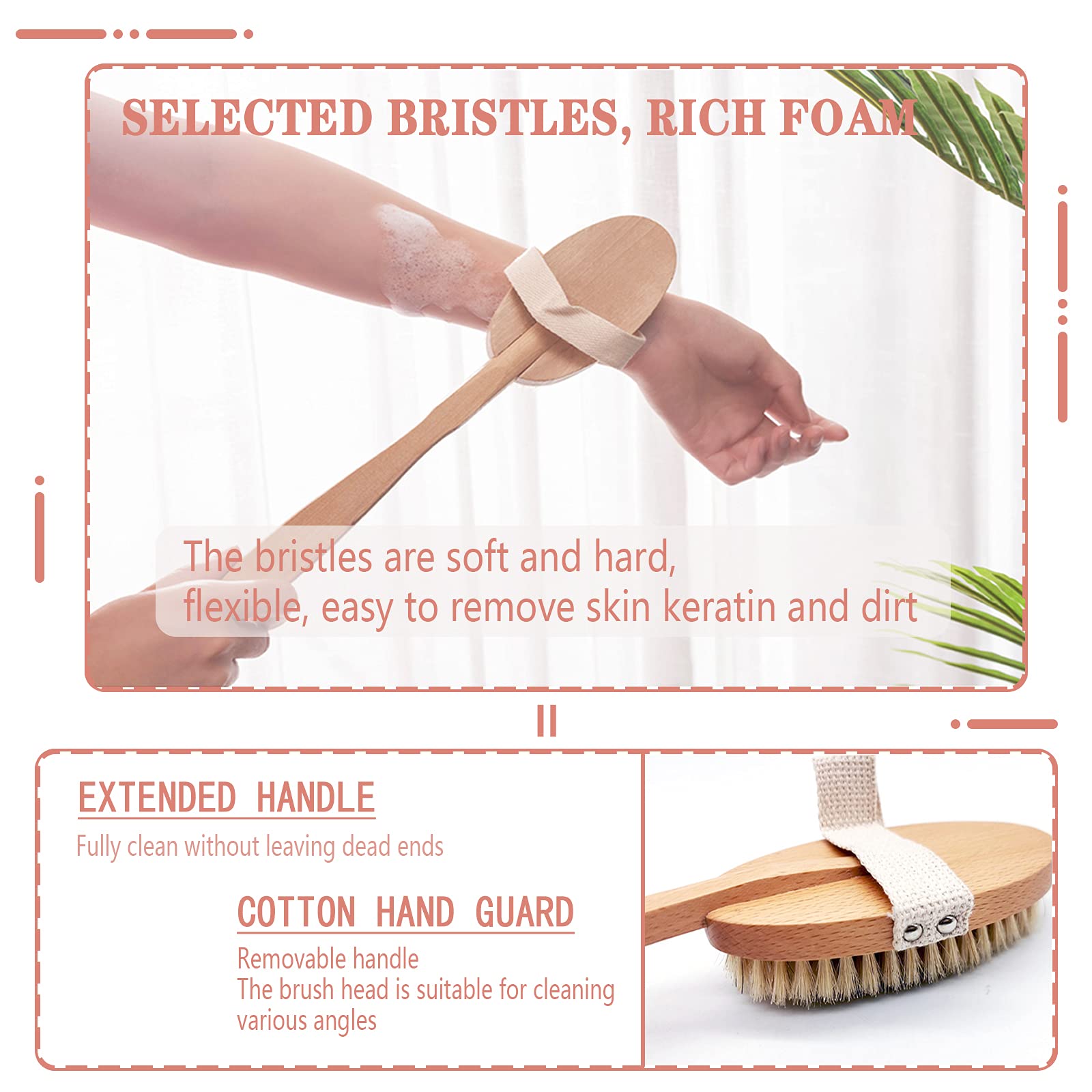 Spazzola Schiena Doccia Manico Lungo, Spazzola Bagno Schiena, Spazzola per il Corpo, con 2 Spazzola Bagno Testa, Staccabile Setole Naturali, Esfoliazione Delicata 46CM