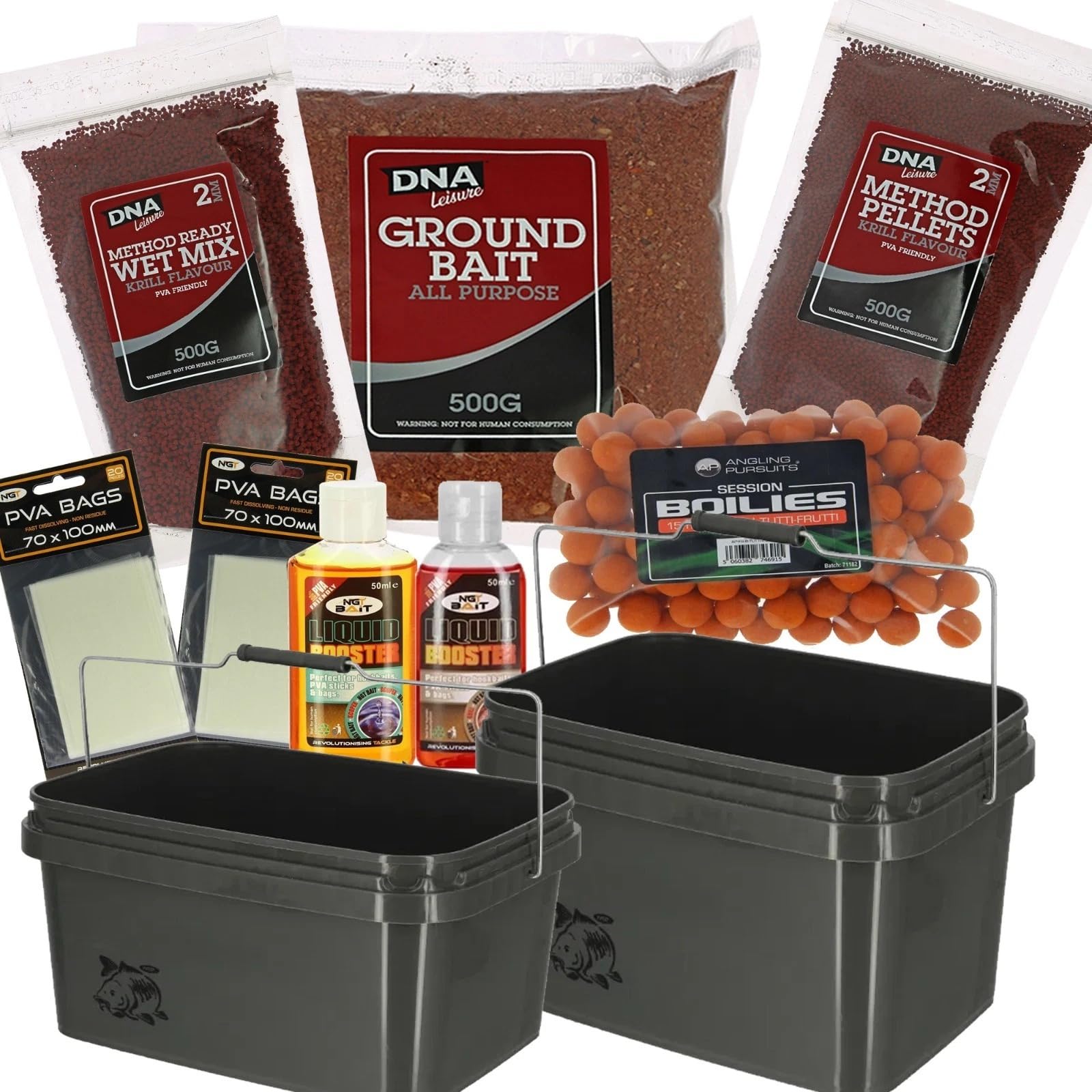 DNA Leisure Carp Fishing Bait Bundle with Pellets, Groundbait, Boilies, PVA Bags & Liquid Boosters – Method Feeder & PVA Kit with 5L or 10L Bucket (10L Bucket)