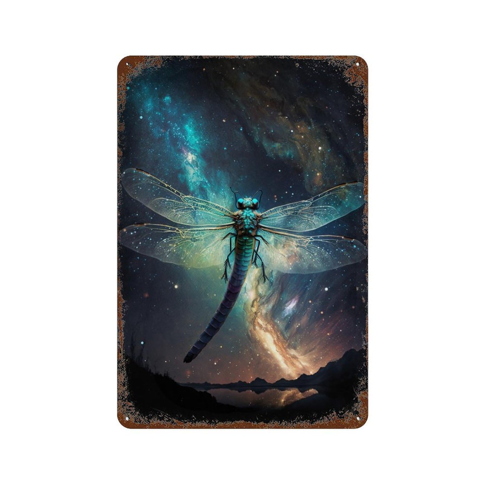 Cosmic Dragonfly Flight Retro Metal Sign 11.8"x7.9", Decorative Metal Wall Art for Garage, Bar And Workshop Decor