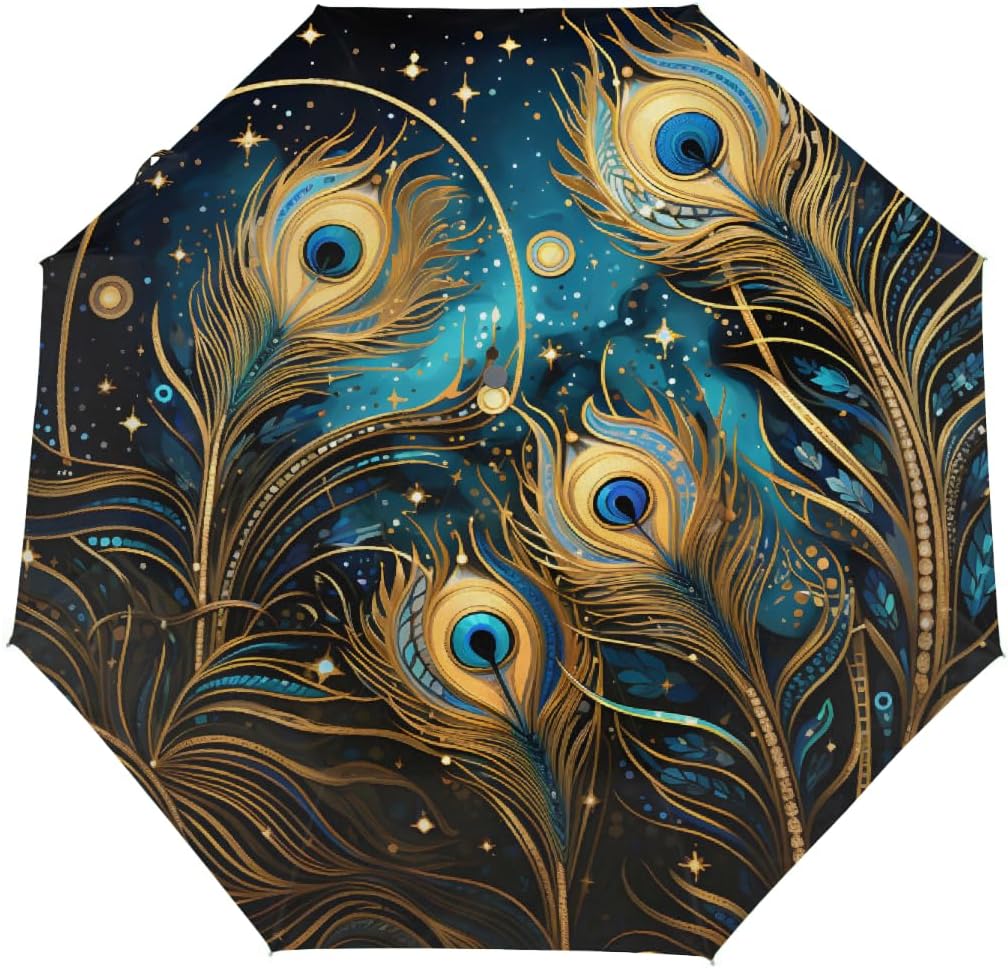 Compact Travel Umbrella Golden Peacock Feather Art Auto Open Close Umbrella Windproof Rain Umbrellas for Kids Men Women, Lightweight