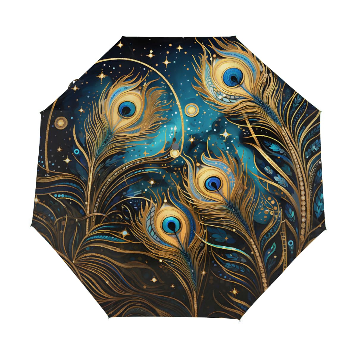 Compact Travel Umbrella Golden Peacock Feather Art Auto Open Close Umbrella Windproof Rain Umbrellas for Kids Men Women