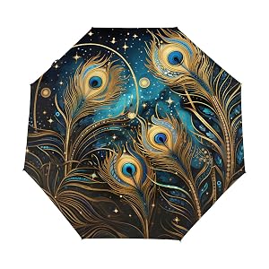 Compact Travel Umbrella Golden Peacock Feather Art Auto Open Close Umbrella Windproof Rain Umbrellas for Kids Men Women