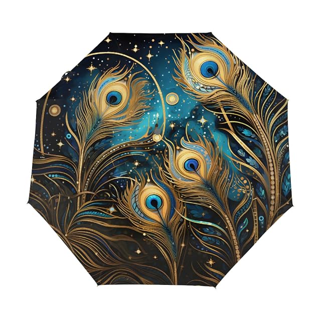 Compact Travel Umbrella Golden Peacock Feather Art Auto Open Close Umbrella Windproof Rain Umbrellas for Kids Men Women