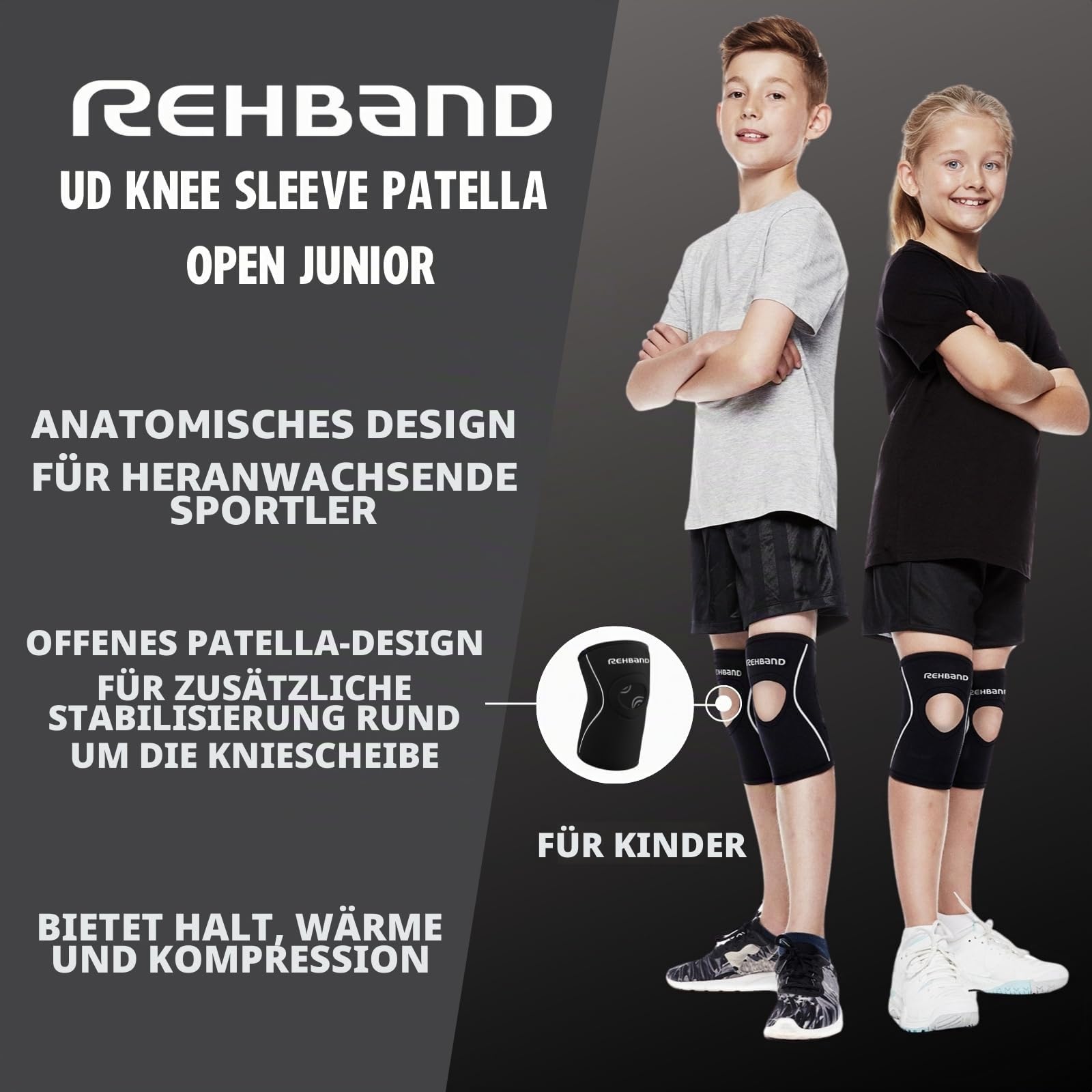 Rehband Kniebandage Kinder mit Patellaöffnung, stabilisierende Neopren Kniebandage für hohe Stabilisation der Kniescheibe für Mädchen & Jungs 5mm Neopren, Color:Black - Pair, Size:S