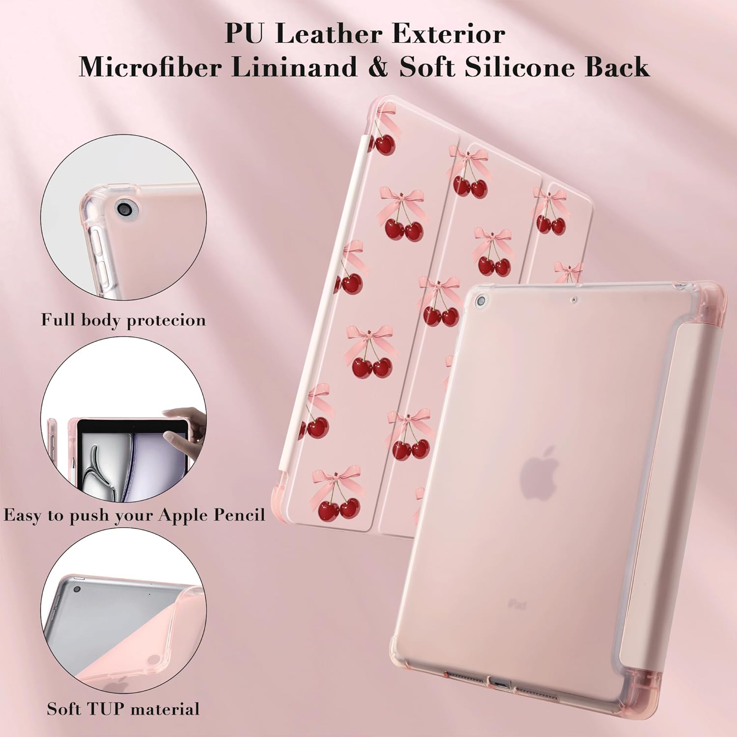 Idocolors Lovely Red Cherry Pad Case for 13 Inch iPad Pro(2024), Clear TPU Smart Stand Back Cover with Pencil Holder, Auto Wake/Sleep Foldable Shockproof Protective Case