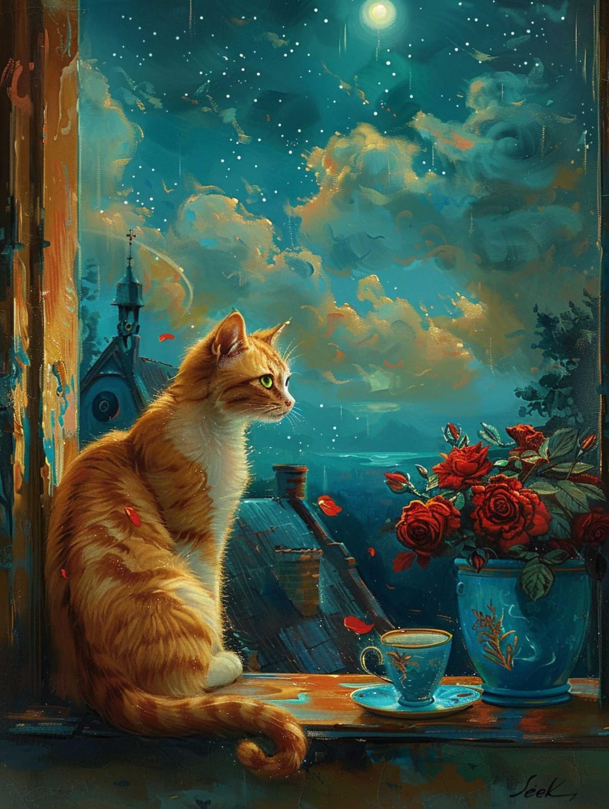 AYAOYANGGO DIY Kit De Bordado Francés Con Cuentas Flores Y Gatos Junto A La Ventana. Kit De Manualidades Con Bordado,Pintura Con Cuentas,Tapiz 3D,Kit De Punto De Cruz Con Cuentas 50x60cm