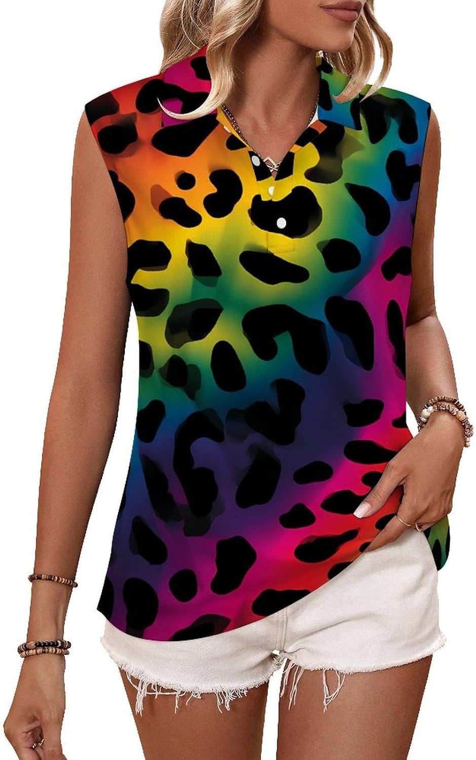 Rainbow Leopard Print Women Sleeveless Collared Golf Polo Shirt | V Neck Tank Top,Breathable Tennis Shirts