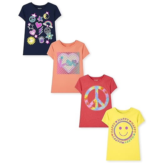 The Children's Place Girls' Trends,Icons Short Sleeve Graphic T-Shirts,4 Pack