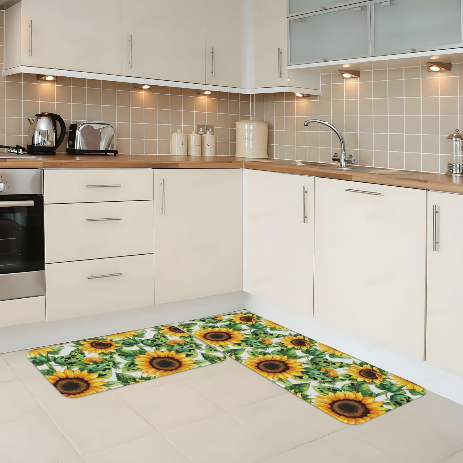 GVYGVY Antifatigue Kitchen Mats for Floor 2 Piece - Yellow Sunflower Field Print Kitchen Rugs Washable, Non Slip Runner Rug Standing Mat for Office/Bathroom/Laundry/Home Decor and Accessories