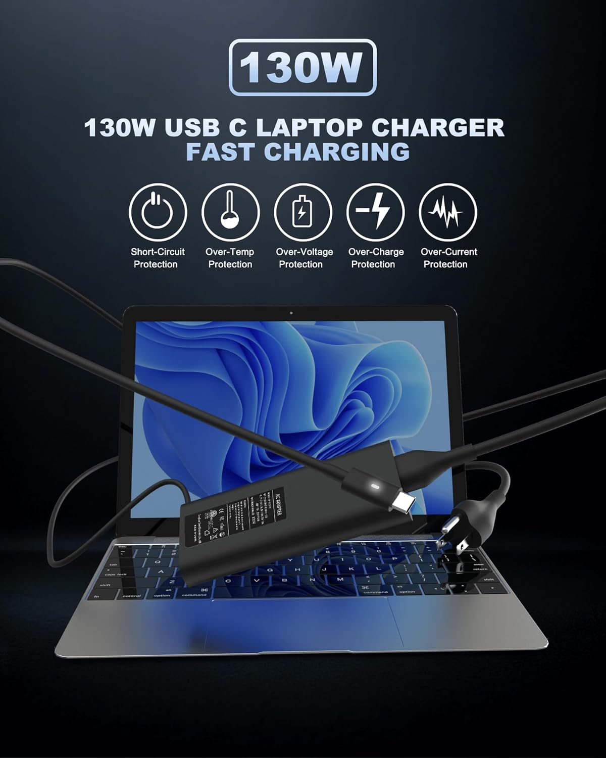 130W USB Type C Laptop Charger fits for Dell XPS 15 9500 9510 9520 9530 XPS 17 9700 9710 9720 9730 Precision 3581 5560 5550 5570 5520 5750 3560 5530 2 in 1 Computer AC Power Cord