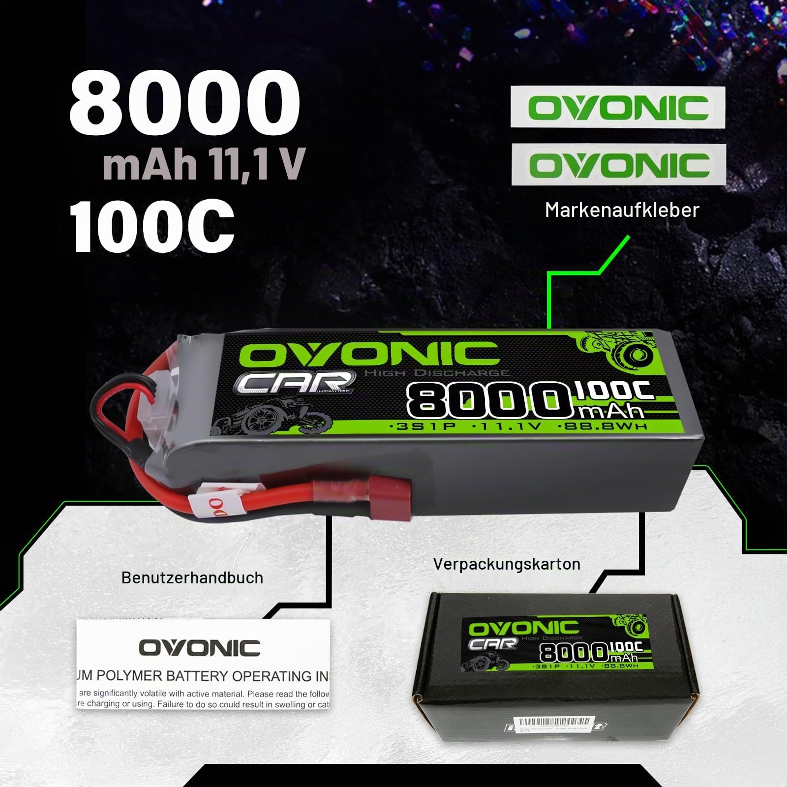 OVONIC 3s Lipo Akku 11.1V 8000mAh 100C mit Deans T Stecker für Auto FPV UAV RC Boot Flugzeug Helikopter Multirotor (2 Stück)