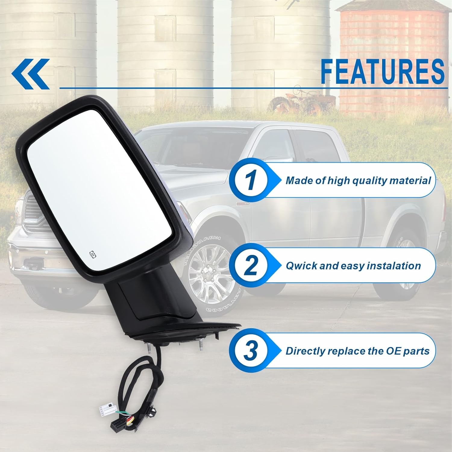 Left Driver Side Mirror Compatible With 2013-2018 Ram 1500 2500 3500 With Power Folding Power Glass Heated Temperature Sensors Turn Signal Puddle Lights Chrome Replace#68096197AF(10+2Pins)