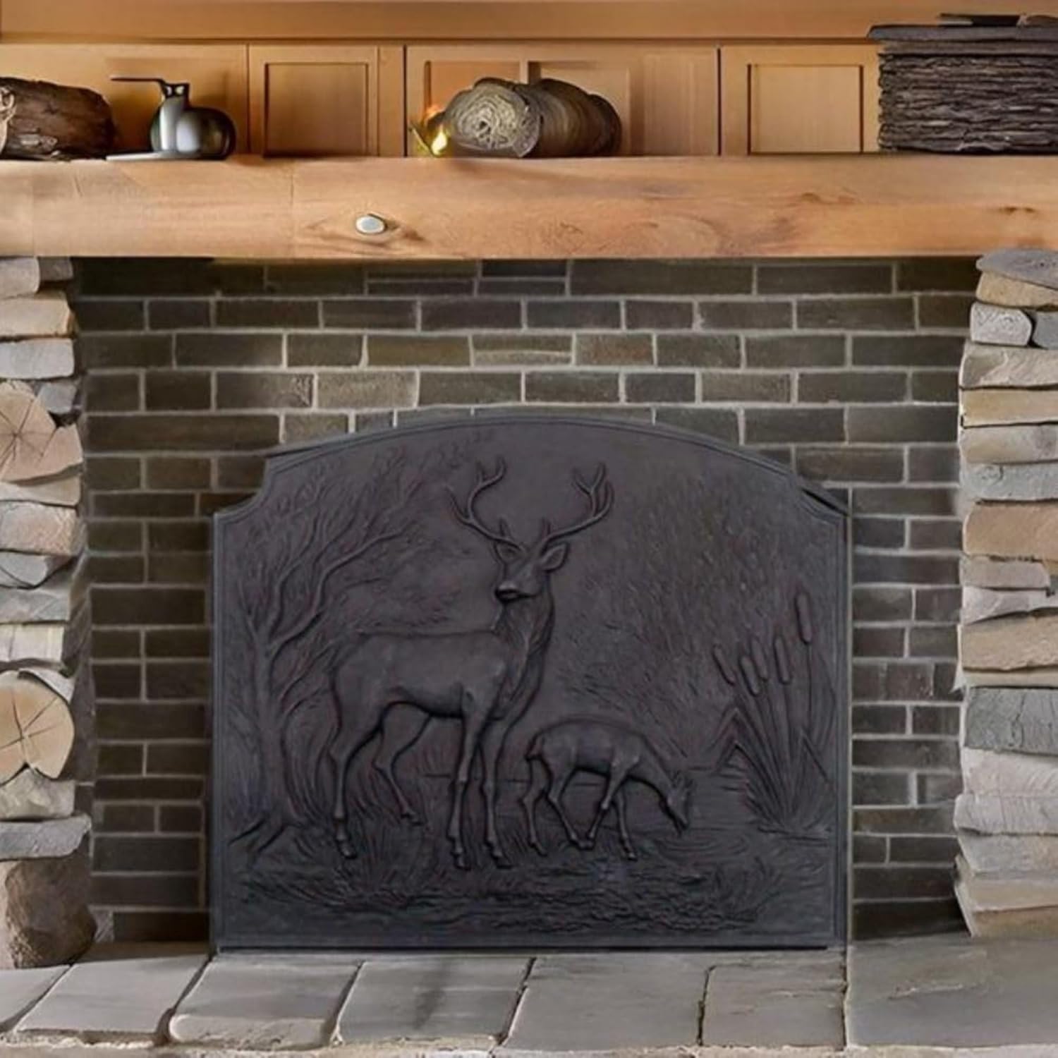 Deer Fire Back Cast Iron Wall Mount Fire Back Matte Finish Reflective and Decorative Design Cast Iron, Black