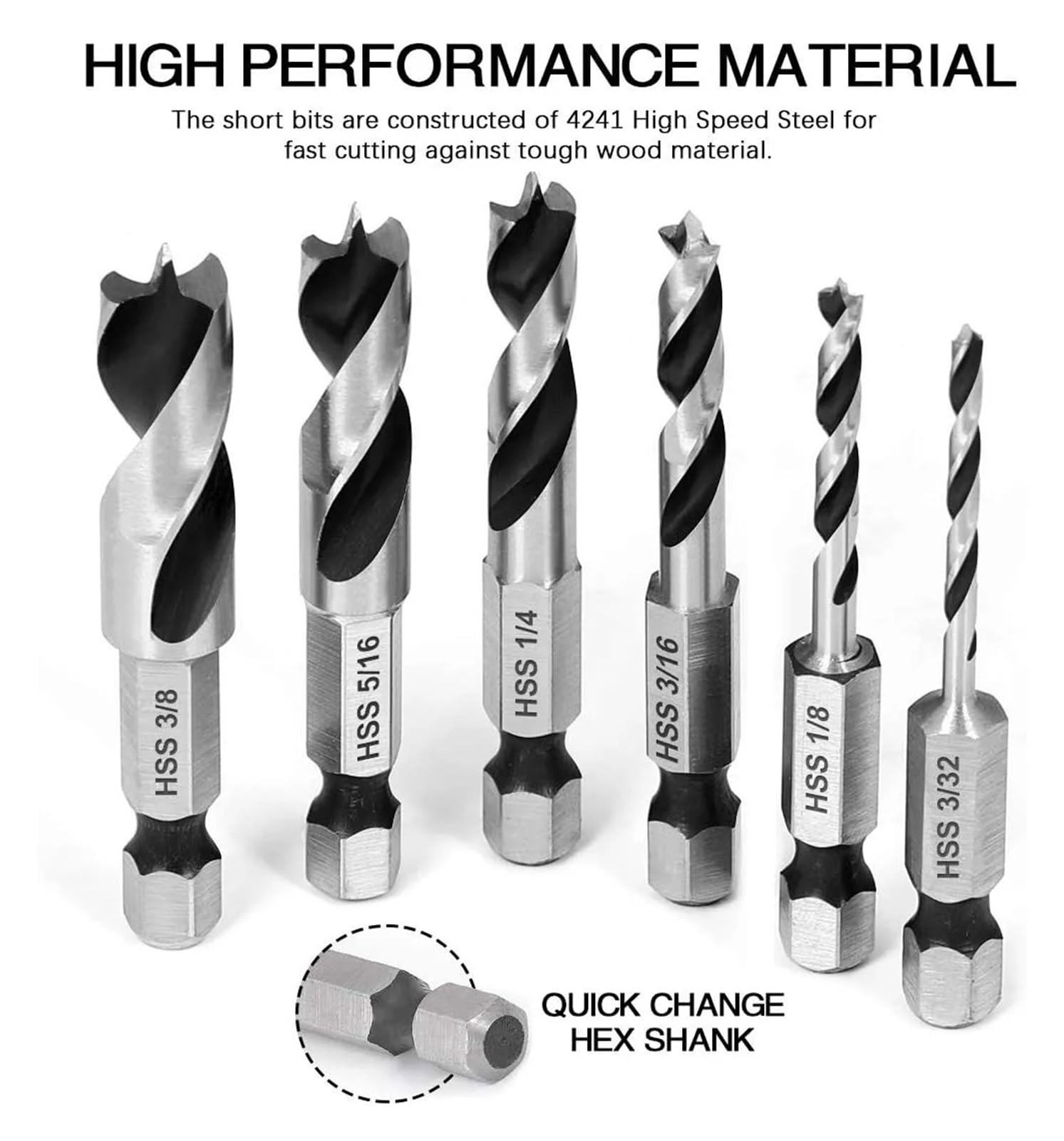 Juego de brocas for carpintería con mango Hexagonal, 6 uds., 3/32 ", 1/8", 3/16 ", 1/4", 5/16 ", 3/8", brocas for herramienta eléctrica de escariado de agujeros de madera