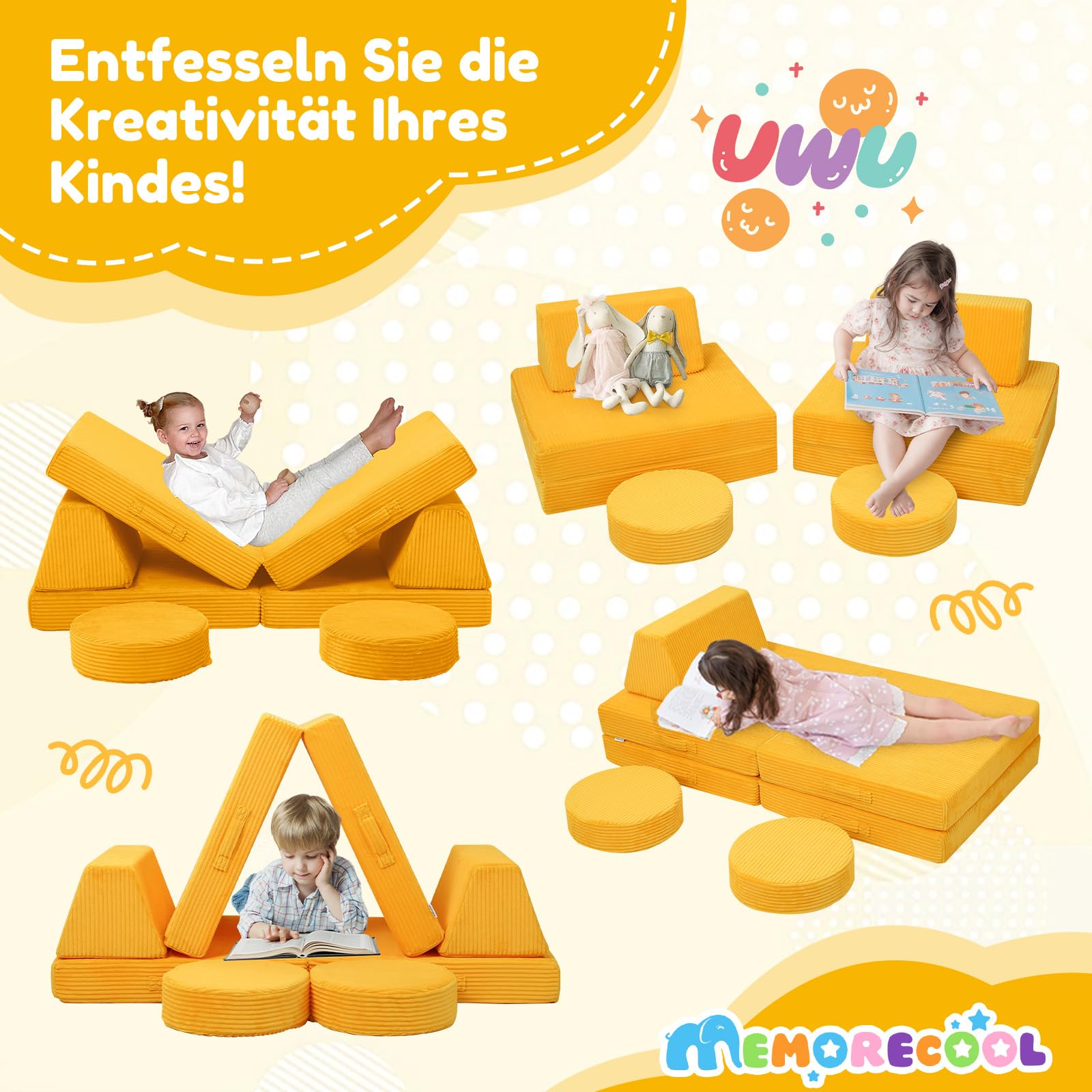 MeMoreCool Sofá de juego para niños, 8 piezas de pana modular para sala de juegos, sofá plegable para bebé, sofá de espuma convertible para niños y niñas, color amarillo