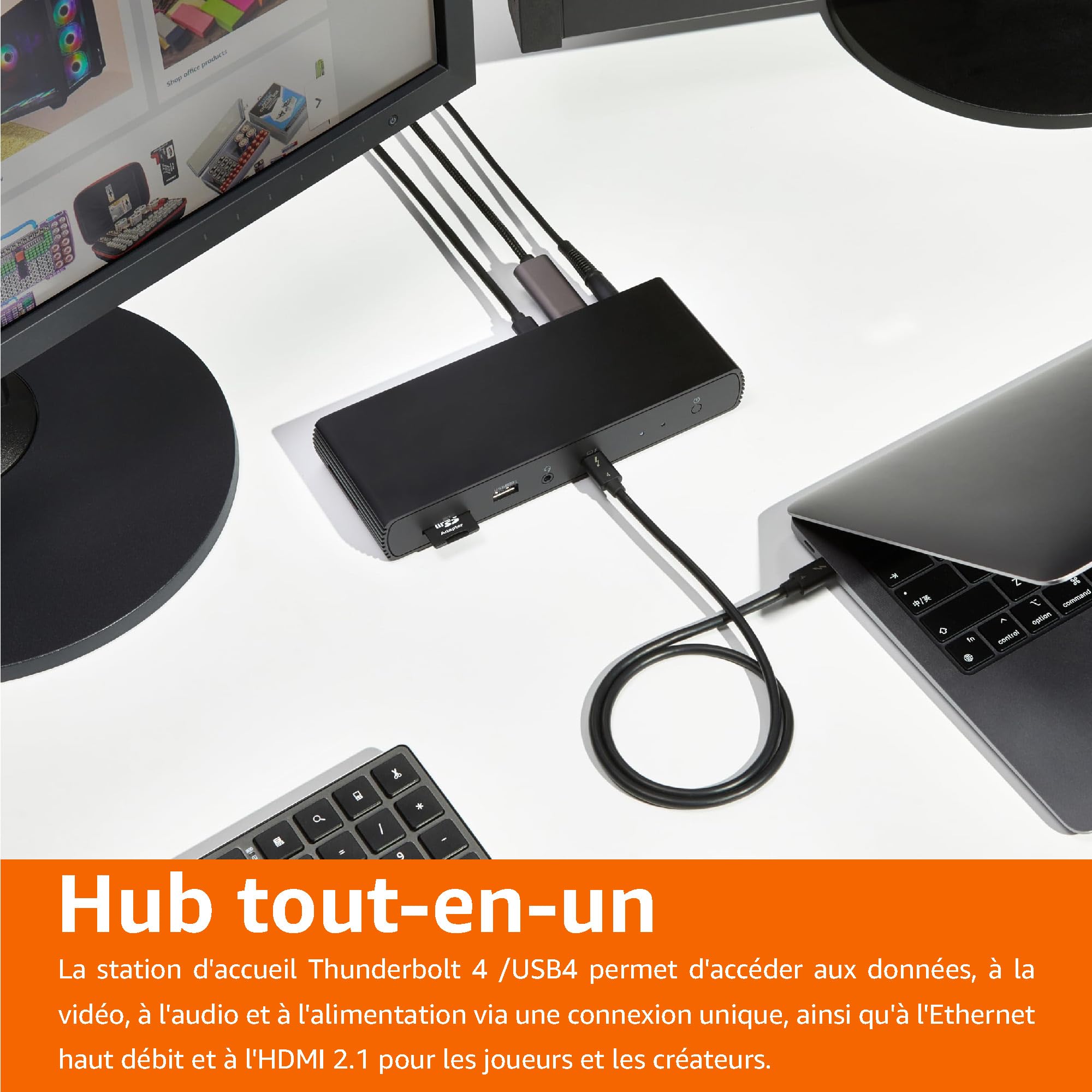 Amazon Basics Station d'accueil Thunderbolt4/USB4 Pro, 2xTBT4, 1xHDMI 2.1, 3xUSB A 3.1, RJ45, Double Affichage, Noir, 19,96 x 7,5 x 3,12 cm