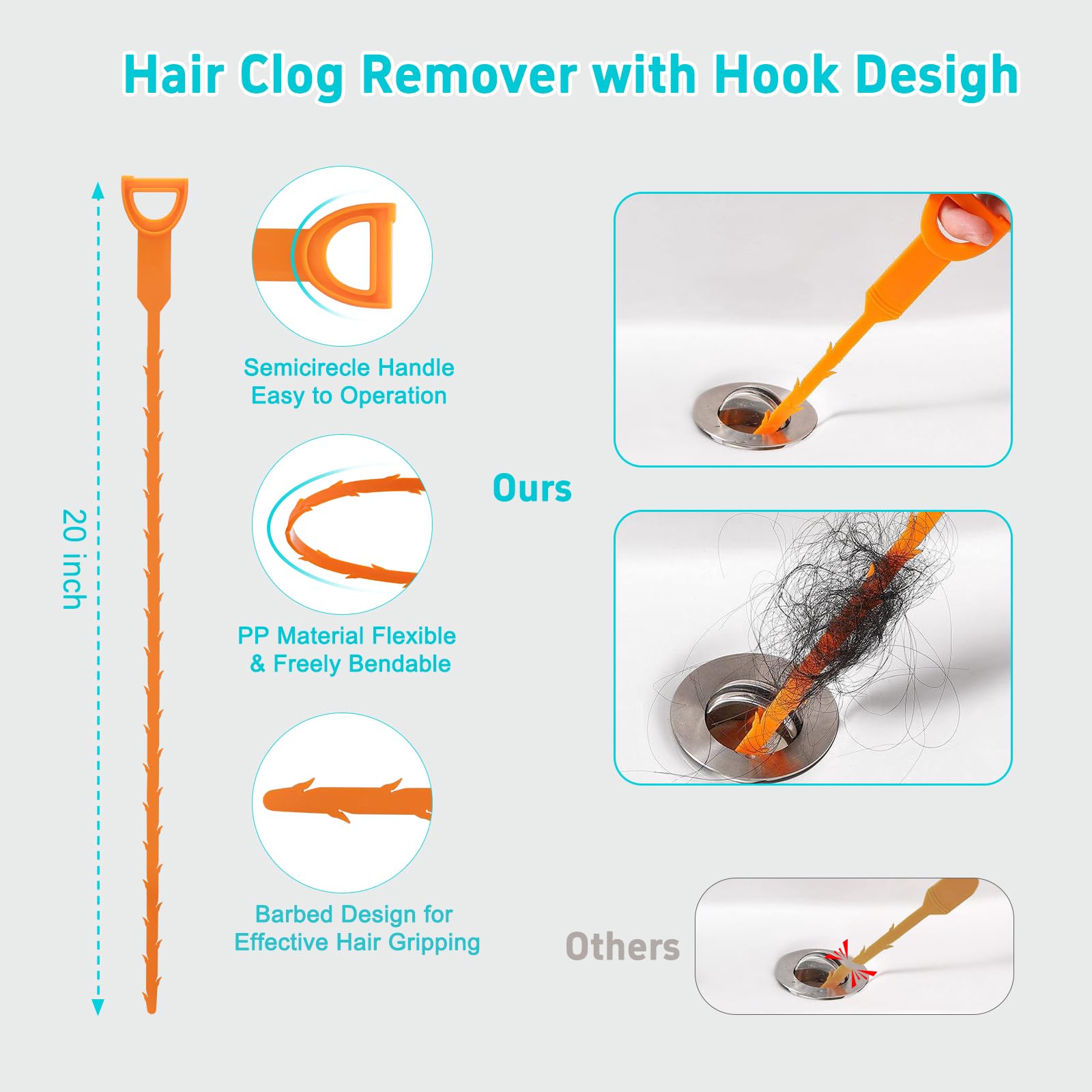 61'' Drain Clog Remover w/Claw, Plastic Drain Snake, Snake Drain Cleaner Tool w/Nylon Layer, Plumbing Snake Brush, Gloves, 15Pack Drain Hair Remover Tool Set for Toilet, Kitchen, Bathtub - 5