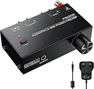 PROZOR Phono Preamp with Level Controls Low Noise 2 RCA Input & Output 3.5mm Output Phono Preamp for Turntable M/M Phono Preamplifier with 12V 1A Power Adapter for Turntable