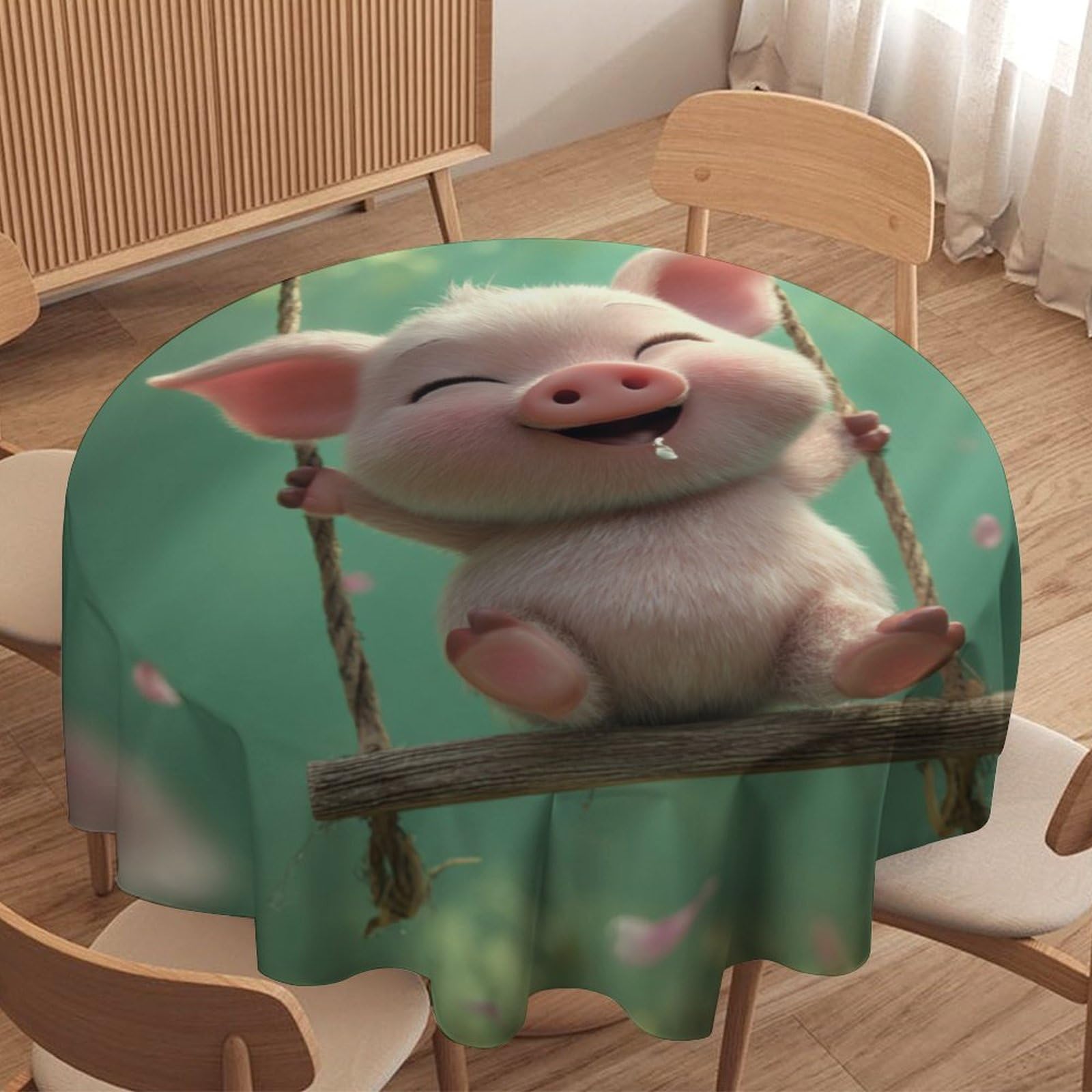LUYYSKY Rustic Pink Colorful Pig Round Tablecloth Modern Funny Cartoon Spring Forest Animals Pig Pattern Washable Decor for Table Cover for Kitchen-127 Wx127 L cm