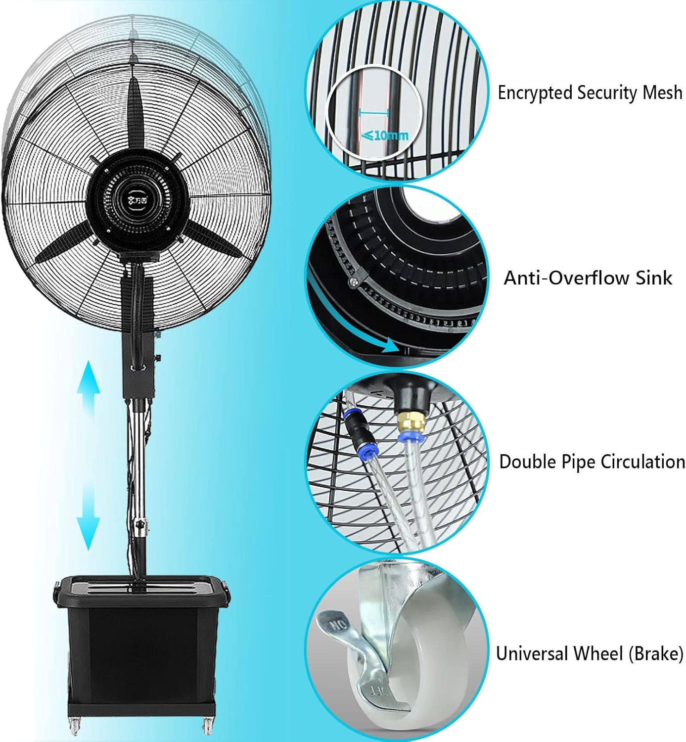 Generic Adjustable Height Misting Fan, 90° Oscillating Pedestal Fan with Mist, Commercial Outside Restaurant, Shop, Workspace Cooling Stand Fan