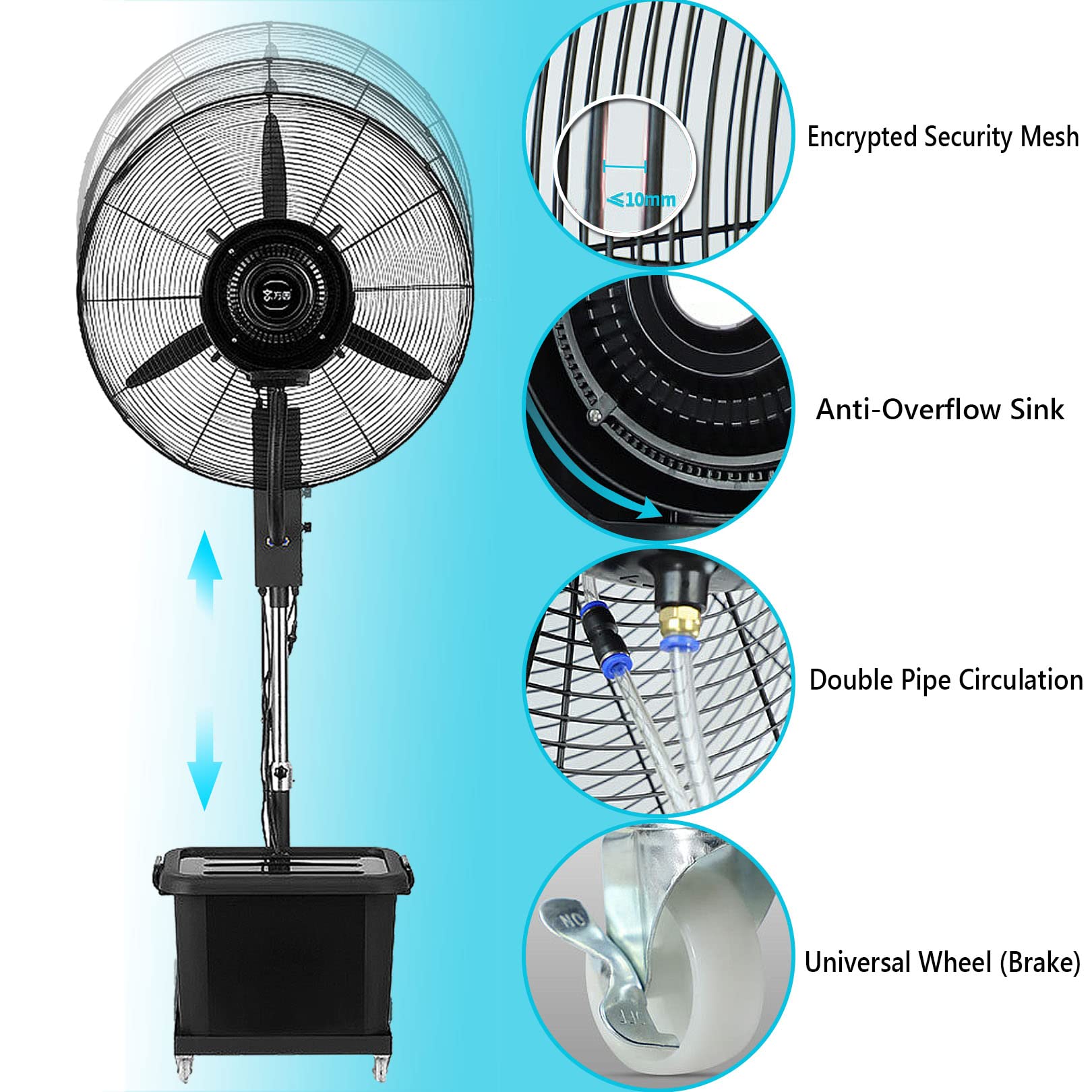 Ventilador oscilante de altura ajustable para refrigeración comercial y exterior en restaurantes, tiendas y espacios de trabajo
