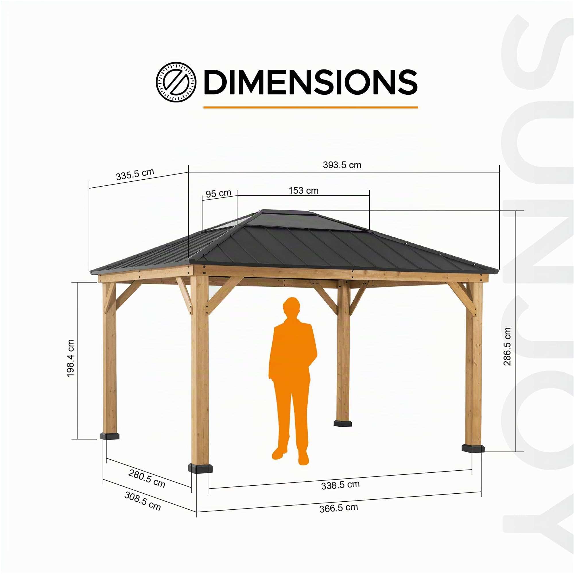 SUNJOY Tonnelle Hardtop Bois 3,3×3,9 m, Cadre en Cèdre Naturel, Toit en Acier avec Puits de Lumière en Polycarbonate, Pavillon Extérieur Résistant au Vent et à la Neige pour Jardin, Patio et Terrasse