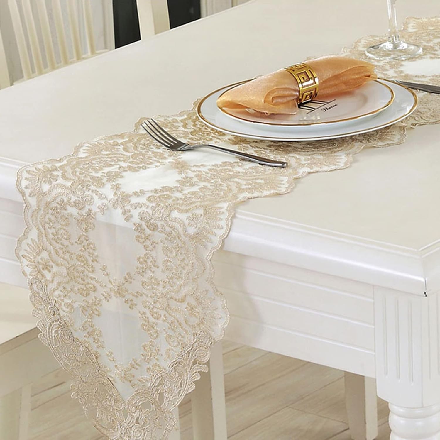 European Style Table Runner, Lace Fabric Tablecloth for TV Cabinet/Piano Stand/Dining Table, Romantic Dresser Scarf (Color : Gold, Size : 30x280cm/11.8x110.2in)