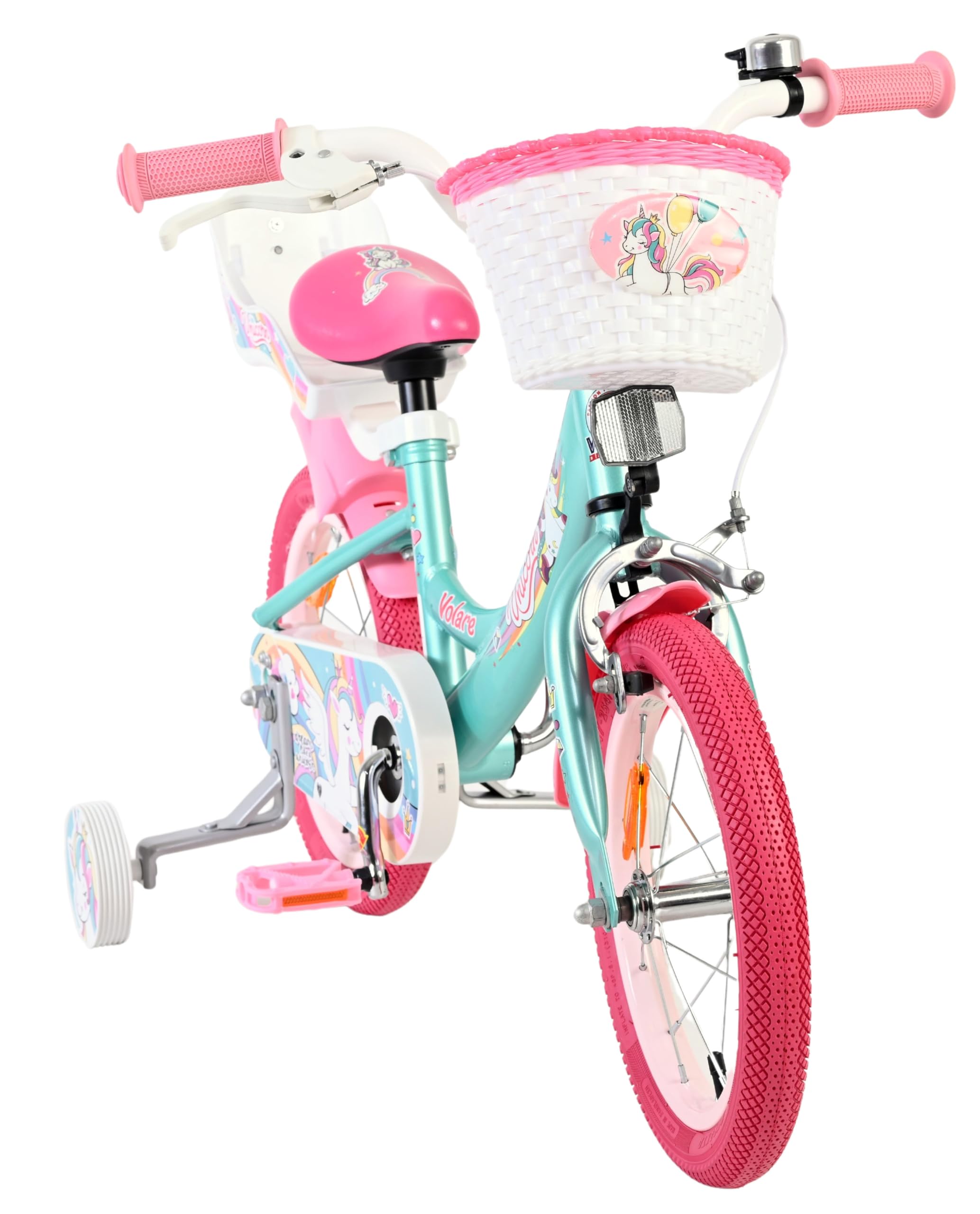 Volare Einhorn Kinderfahrrad Green | 3,5–5 Jahre | 14-Zoll-Räder | Hand- & Rücktrittbremse | Stützräder | Verstellbarer Sattel | Puppensitz Achter & Korb voor | Geschenk voor meisjes