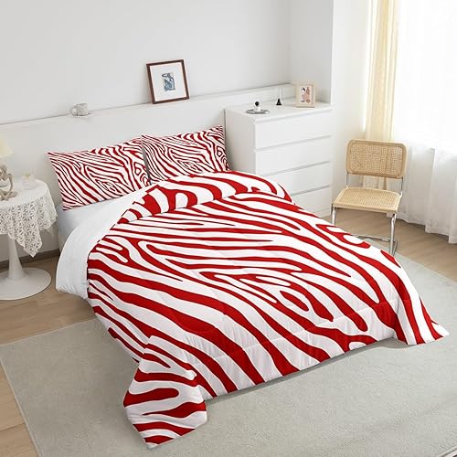 Miniatura 5 de Castle Fairy Juego de edredón de rayas de cebra, edredón con estampado de piel de animal rojo y blanco para adolescentes, mujeres y adultos, juego