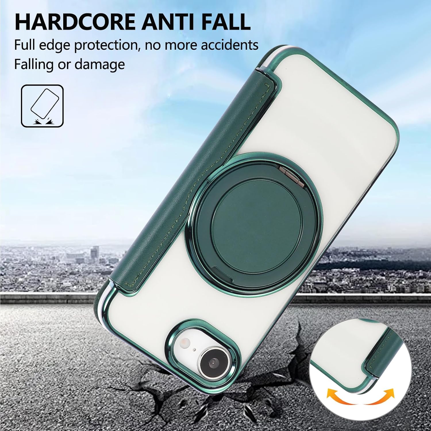 Wallet Case for iPhone 16e with 3 Card Slots, RFID Blocking,360° Rotating Ring Stand & Magnetic Compatibility, Shockproof Clear Back Cover, Supports Wireless Charging(Blackish Green)