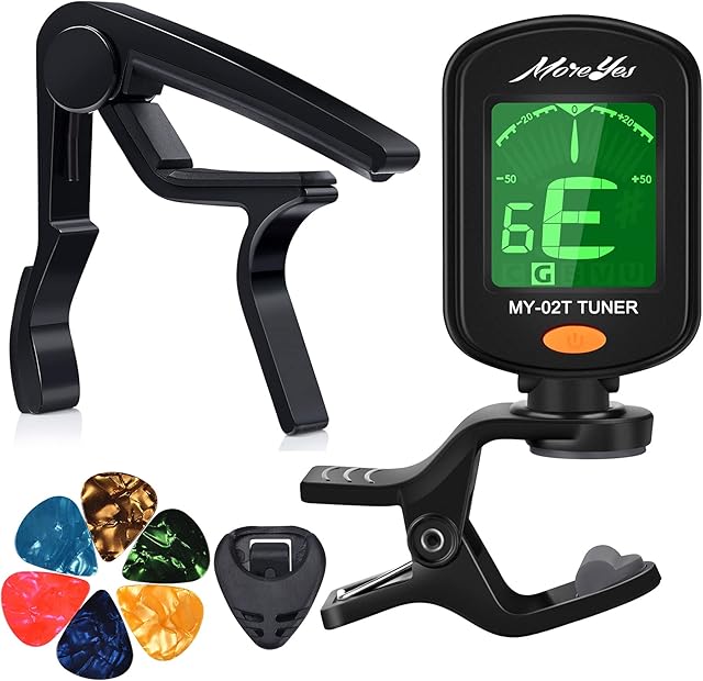 MOREYES Tuner Clip On Chromatic, Guitar, Bass, Violin, Ukulele Include Guitar Capo & Picks & Holder (Capo+Tuner)