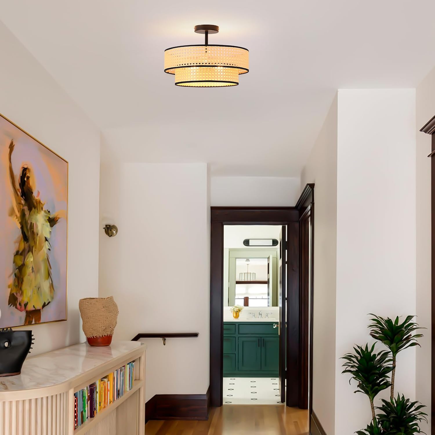 Rattan Ceiling Light, 16-inch Bohemian Woven Fixture, Semi-Recessed Installation Ideal for Dining Rooms, Bedrooms, Living Rooms, Kitchen Countertops, and Cafés (Circular Hole)