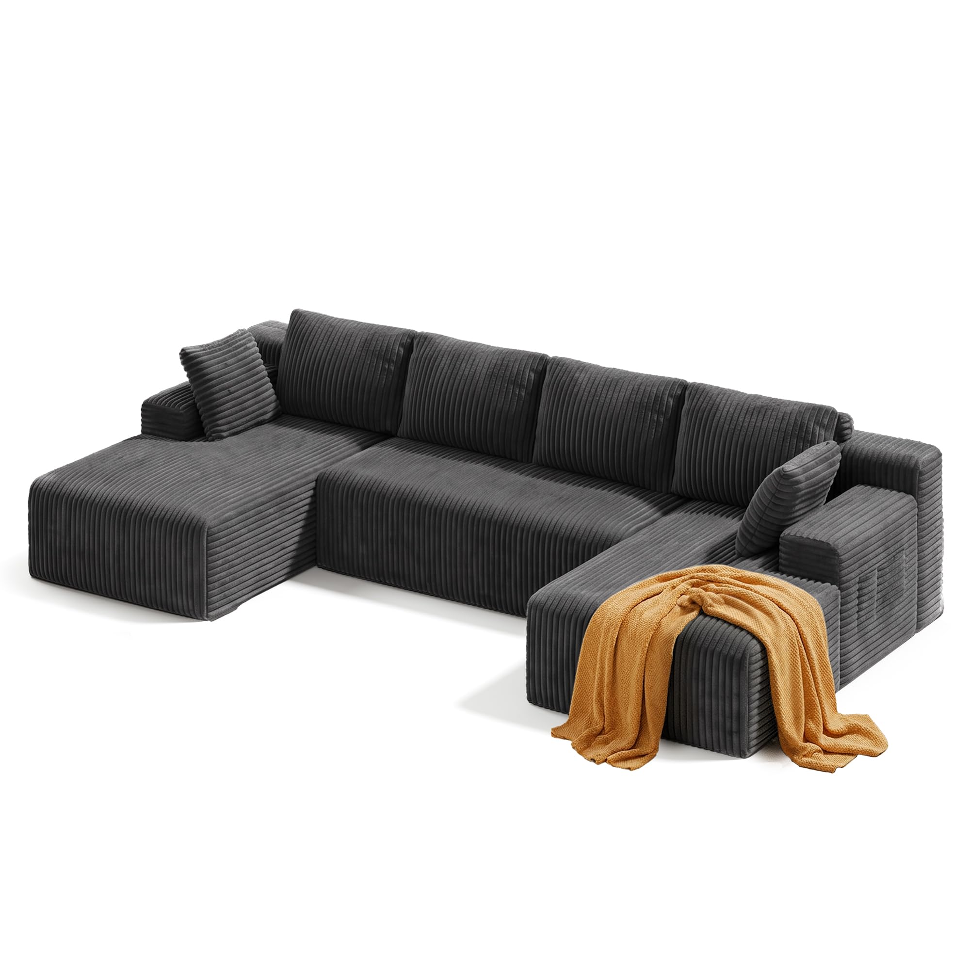 Xbro 320cm Sofa Modular de 4 Plazas, Tela de Pana, Gris Oscuro